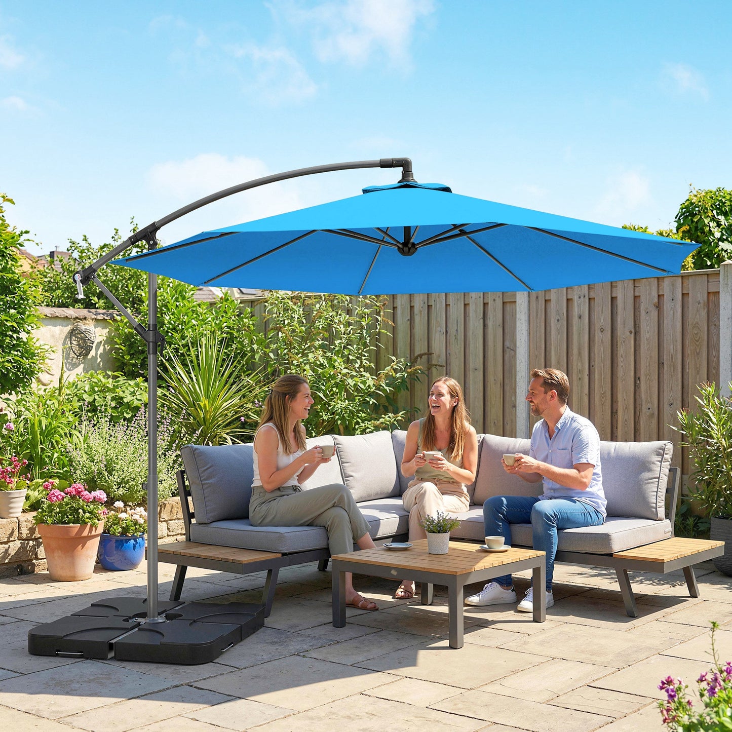 3 m Cantilever Parasol with Umbrella Weights, Cross Base, Offset Outdoor Umbrella with Protective Cover, Crank Handle, Hanging Sun Shade, Blue