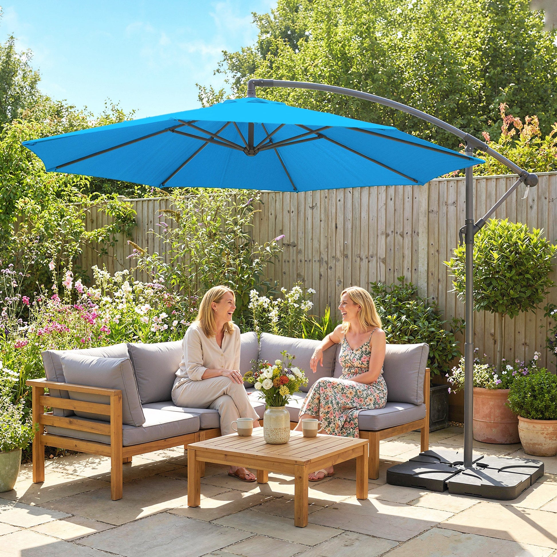 3 m Cantilever Parasol with Umbrella Weights, Cross Base, Offset Outdoor Umbrella with Protective Cover, Crank Handle, Hanging Sun Shade, Blue