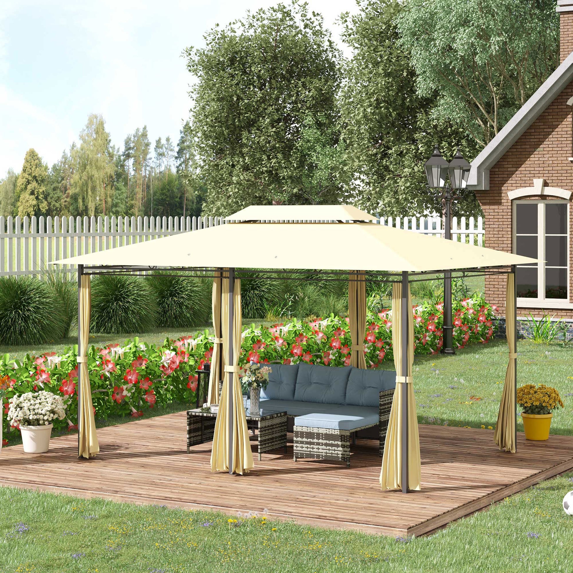 4m x 3(m)Garden Gazebo, Double Roof Outdoor Gazebo Canopy Shelter with Curtains, Solid Steel Frame for Lawn and Deck, Beige