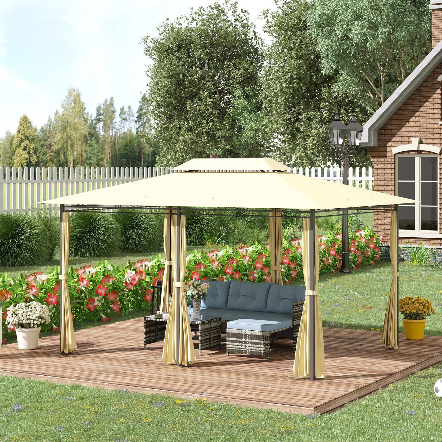 4m x 3(m)Garden Gazebo, Double Roof Outdoor Gazebo Canopy Shelter with Curtains, Solid Steel Frame for Lawn and Deck, Beige