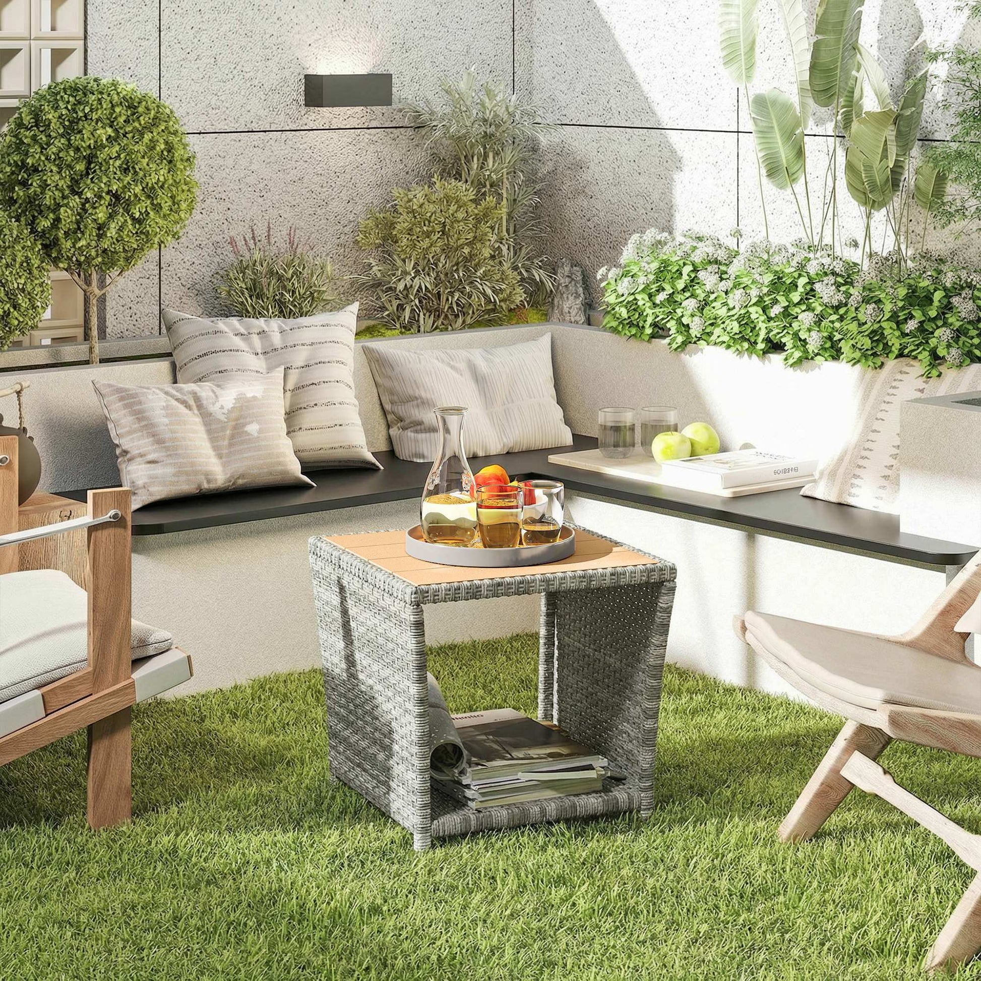 2-Tier PE Rattan Side Table with Storage Shelf, Square Outdoor Coffee Table with PS Wood Slat Top, UV-Resistant for Patio, Garden, Balcony, Light Grey
