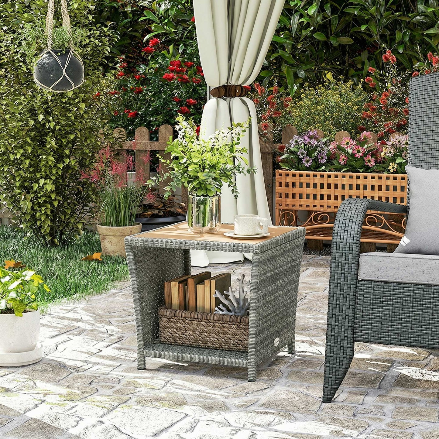 2-Tier PE Rattan Side Table with Storage Shelf, Square Outdoor Coffee Table with PS Wood Slat Top, UV-Resistant for Patio, Garden, Balcony, Light Grey