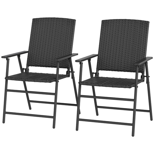 Folding Garden Chairs Set of 2, PE Rattan Garden Dining Chairs with Armrests, High Back and Steel Frame, Weather Resistant Outdoor Dining Furniture for Patio, Balcony, Black