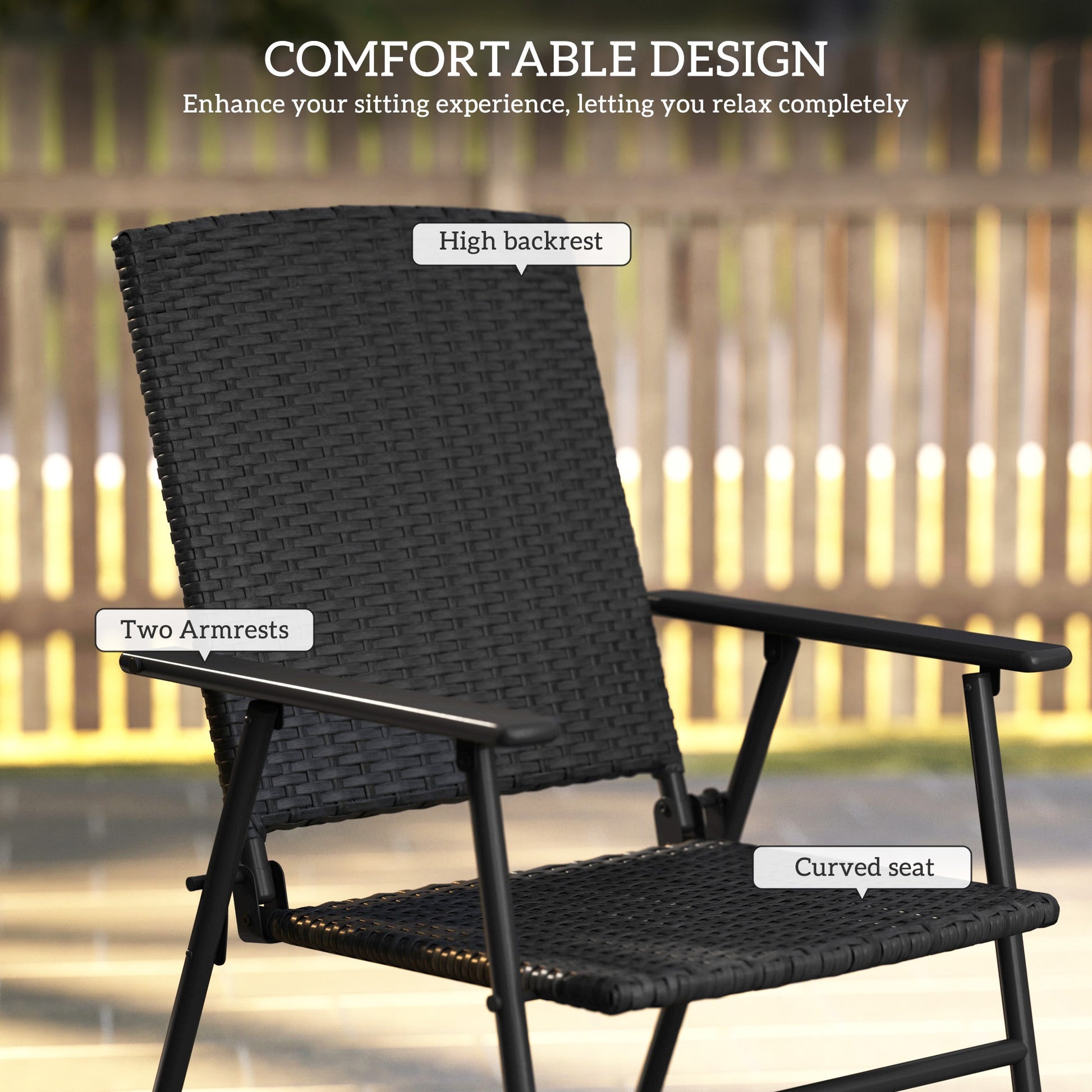 Folding Garden Chairs Set of 2, PE Rattan Garden Dining Chairs with Armrests, High Back and Steel Frame, Weather Resistant Outdoor Dining Furniture for Patio, Balcony, Black