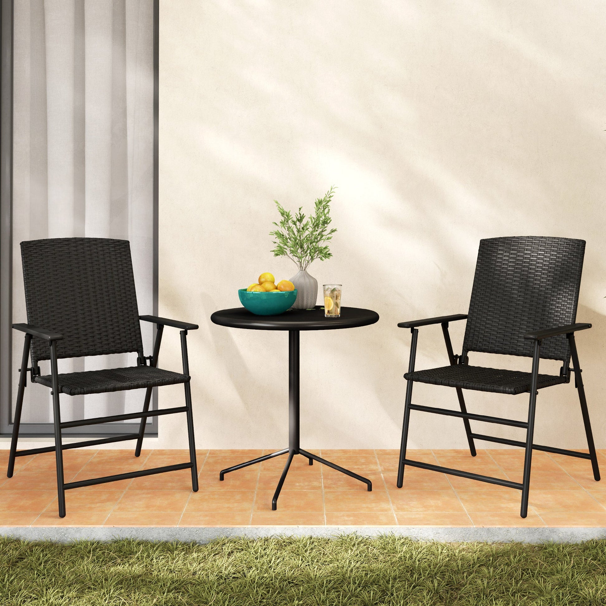 Folding Garden Chairs Set of 2, PE Rattan Garden Dining Chairs with Armrests, High Back and Steel Frame, Weather Resistant Outdoor Dining Furniture for Patio, Balcony, Black