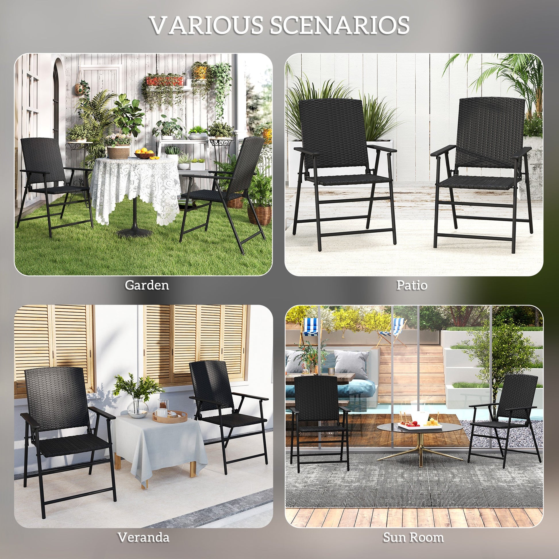 Folding Garden Chairs Set of 2, PE Rattan Garden Dining Chairs with Armrests, High Back and Steel Frame, Weather Resistant Outdoor Dining Furniture for Patio, Balcony, Black