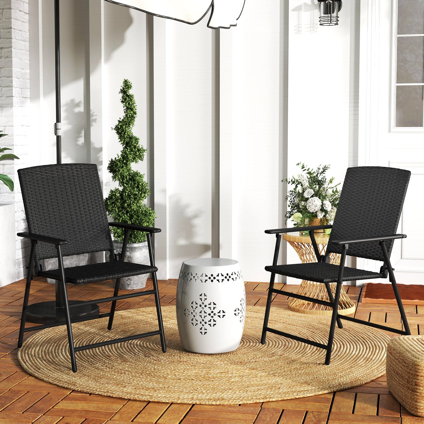 Folding Garden Chairs Set of 2, PE Rattan Garden Dining Chairs with Armrests, High Back and Steel Frame, Weather Resistant Outdoor Dining Furniture for Patio, Balcony, Black