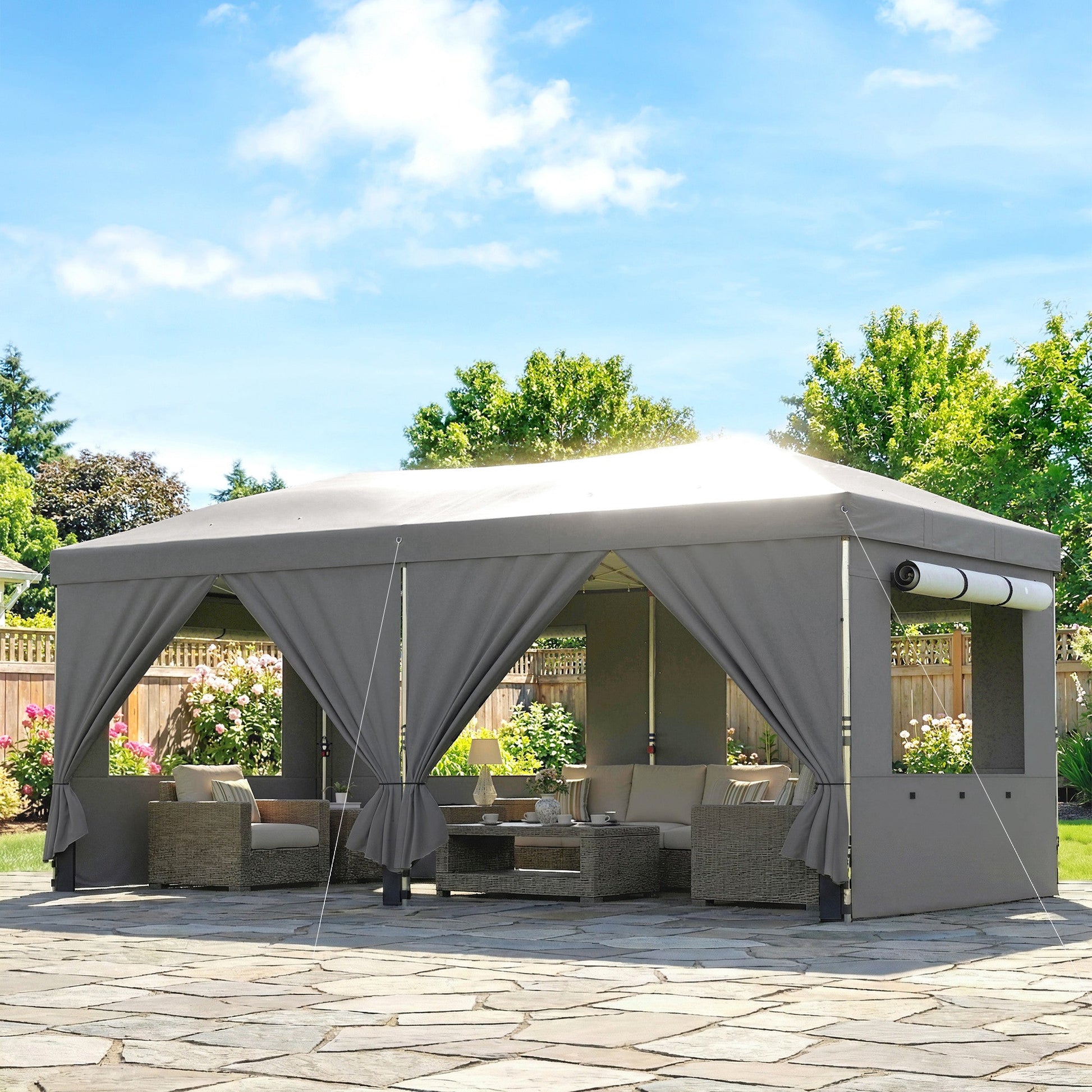 3 x 6 m Pop Up Gazebo with 6 Sidewalls, UPF50+ Outdoor Wedding Party Tent Marquee, Adjustable Height Event Shelter with Wheeled Bag, Sandbags & Stakes, Dark Grey