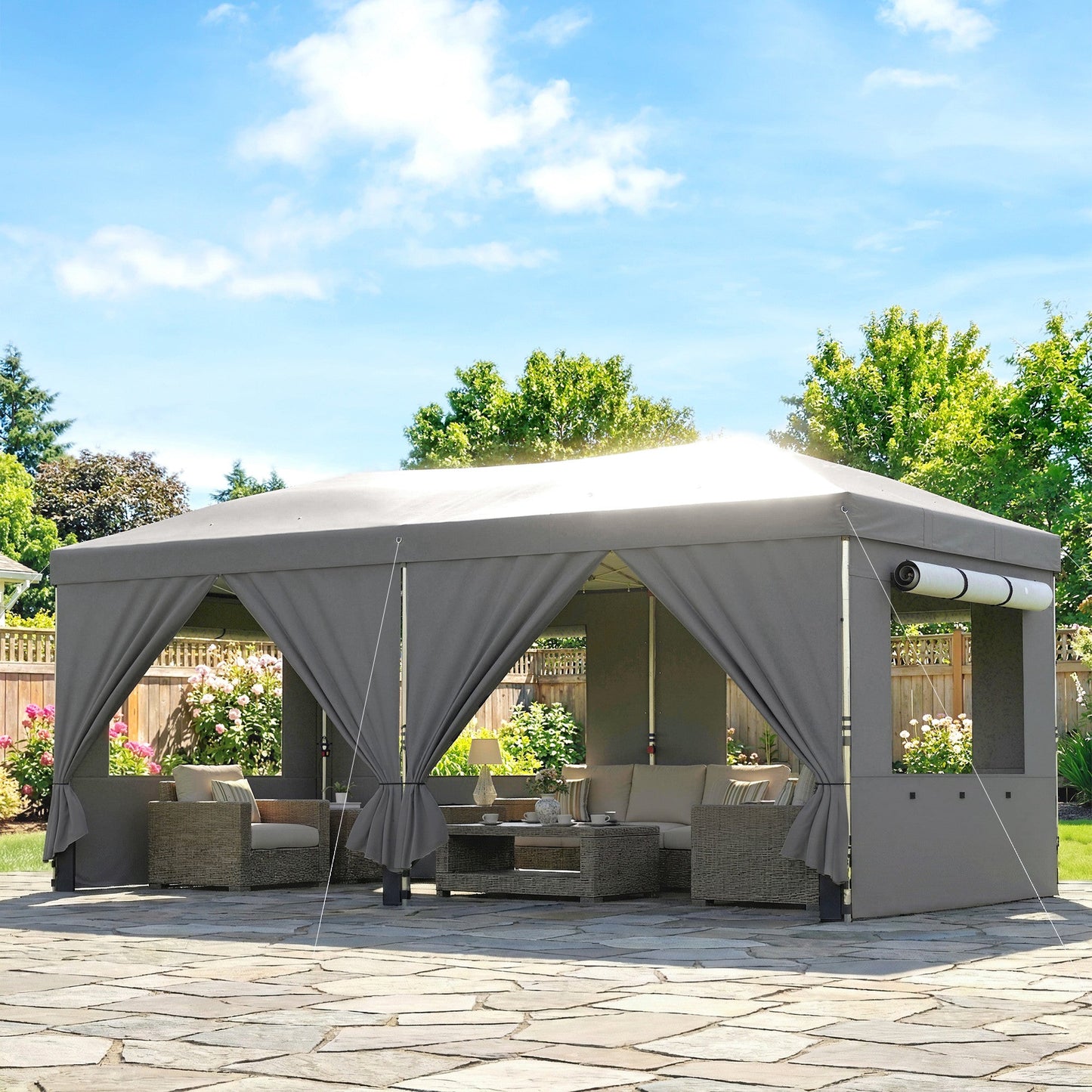 3 x 6 m Pop Up Gazebo with 6 Sidewalls, UPF50+ Outdoor Wedding Party Tent Marquee, Adjustable Height Event Shelter with Wheeled Bag, Sandbags & Stakes, Dark Grey