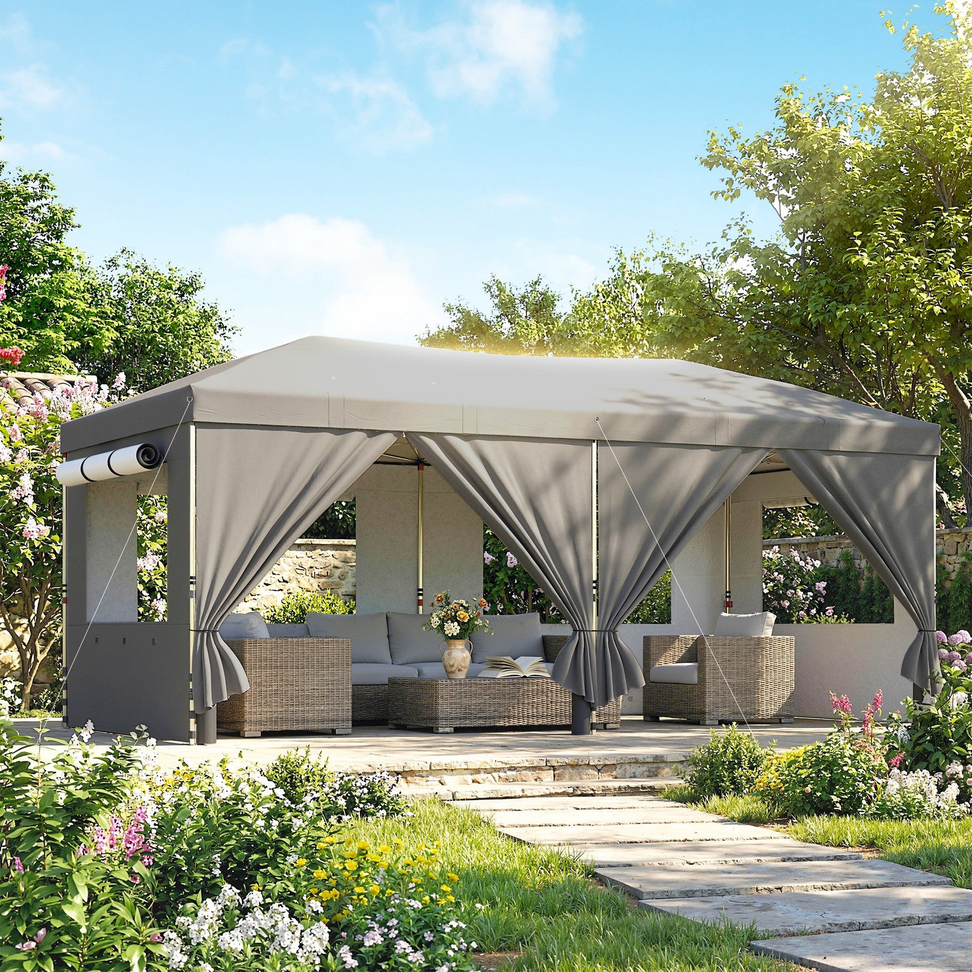 3 x 6 m Pop Up Gazebo with 6 Sidewalls, UPF50+ Outdoor Wedding Party Tent Marquee, Adjustable Height Event Shelter with Wheeled Bag, Sandbags & Stakes, Dark Grey