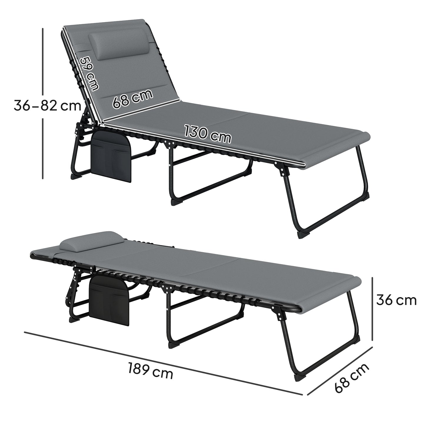 Folding Sun Loungers Set of 2, Recliner Garden Chairs with Quick Drying Pad Headrest Side Pocket, Garden Sun Loungers for Beach Pool, Charcoal Grey