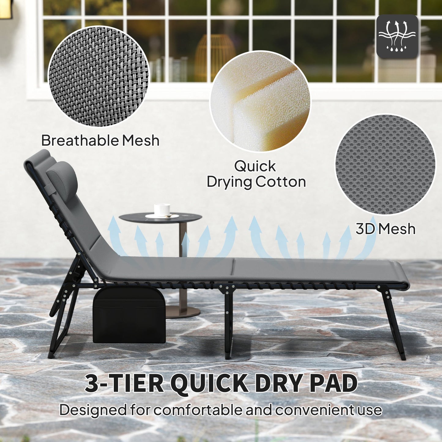 Folding Sun Loungers Set of 2, Recliner Garden Chairs with Quick Drying Pad Headrest Side Pocket, Garden Sun Loungers for Beach Pool, Charcoal Grey