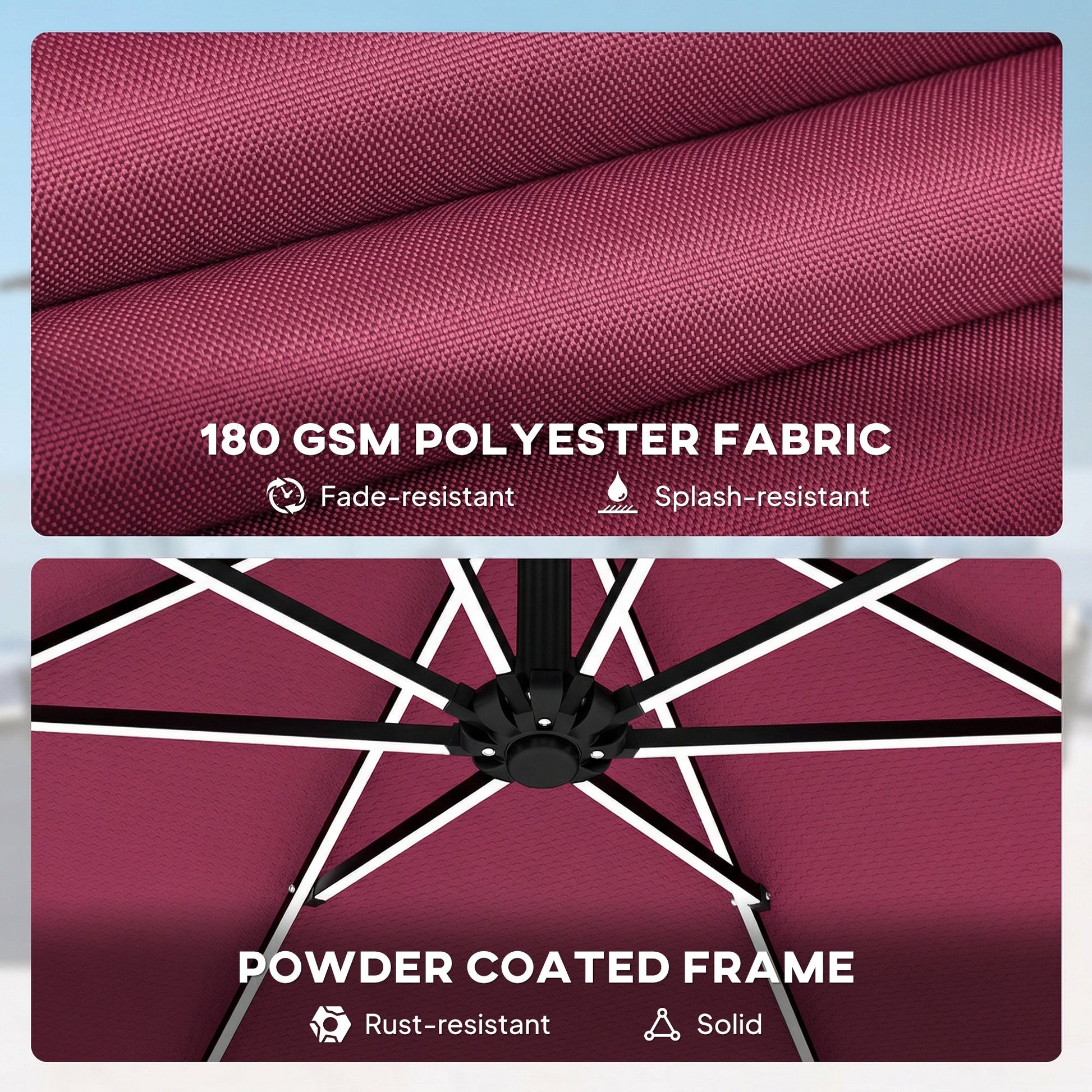 3 m Garden Cantilever Parasol with LED Solar Light, Round Overhanging Umbrella with 6-Position 360° Rotation, Crank Handle, Tilt, Cover, Banana Patio Umbrella for Outdoor Sun Shade, Wine Red