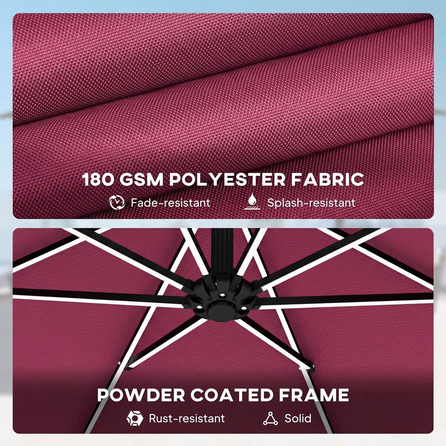3 m Garden Cantilever Parasol with LED Solar Light, Round Overhanging Umbrella with 6-Position 360° Rotation, Crank Handle, Tilt, Cover, Banana Patio Umbrella for Outdoor Sun Shade, Wine Red