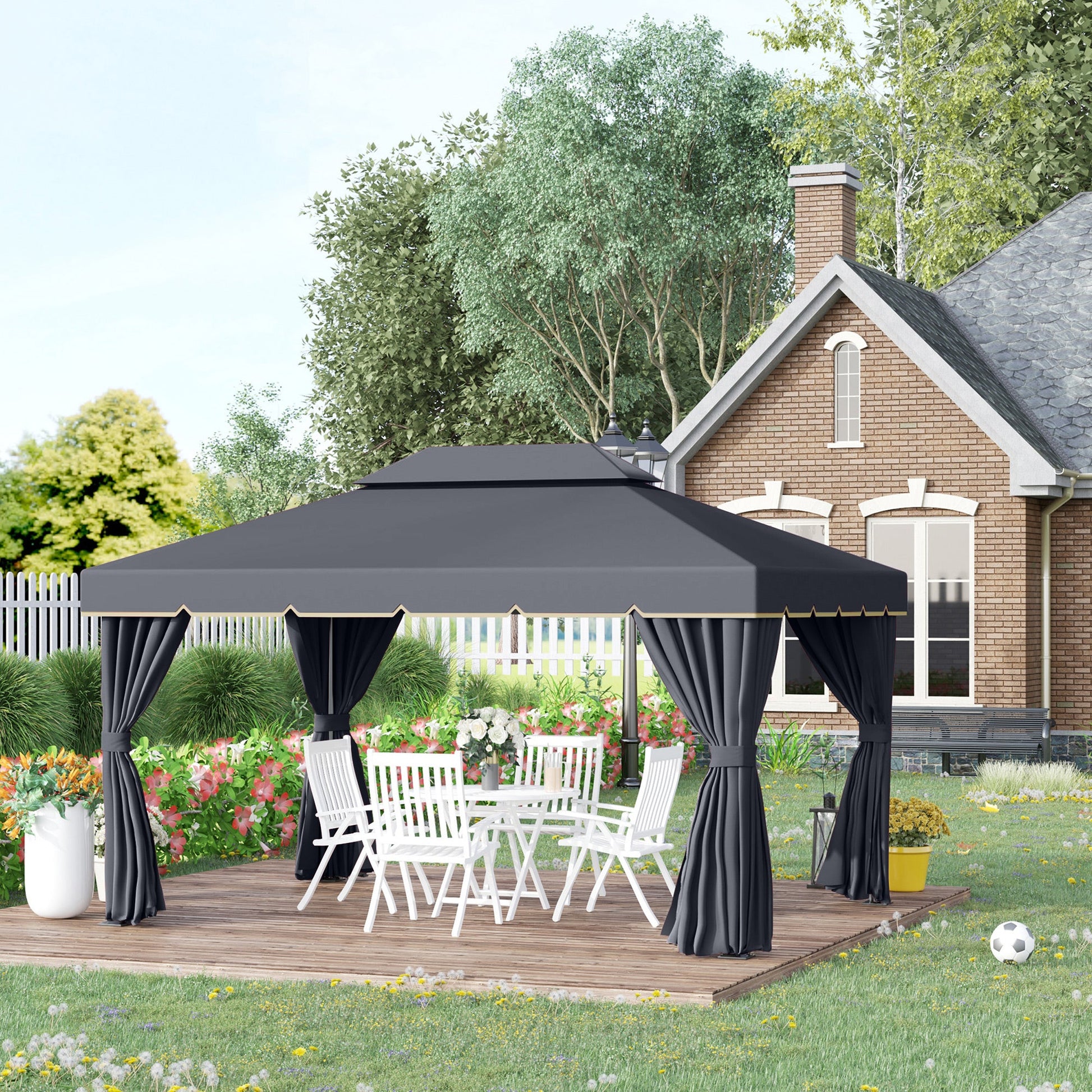 3 x 4m Aluminium Garden Gazebo, Marquee Canopy Shelter Pavilion Party Tent with Nets and Curtains for Garden and Deck, Black
