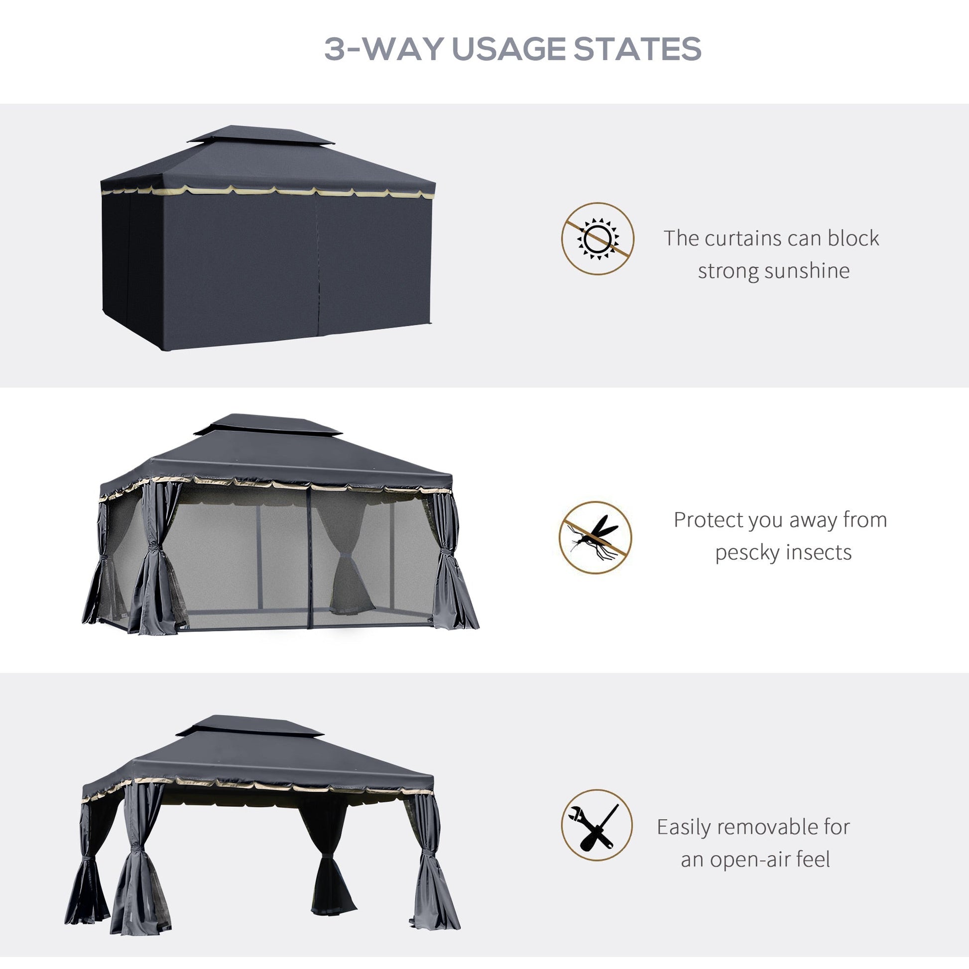 3 x 4m Aluminium Garden Gazebo, Marquee Canopy Shelter Pavilion Party Tent with Nets and Curtains for Garden and Deck, Black
