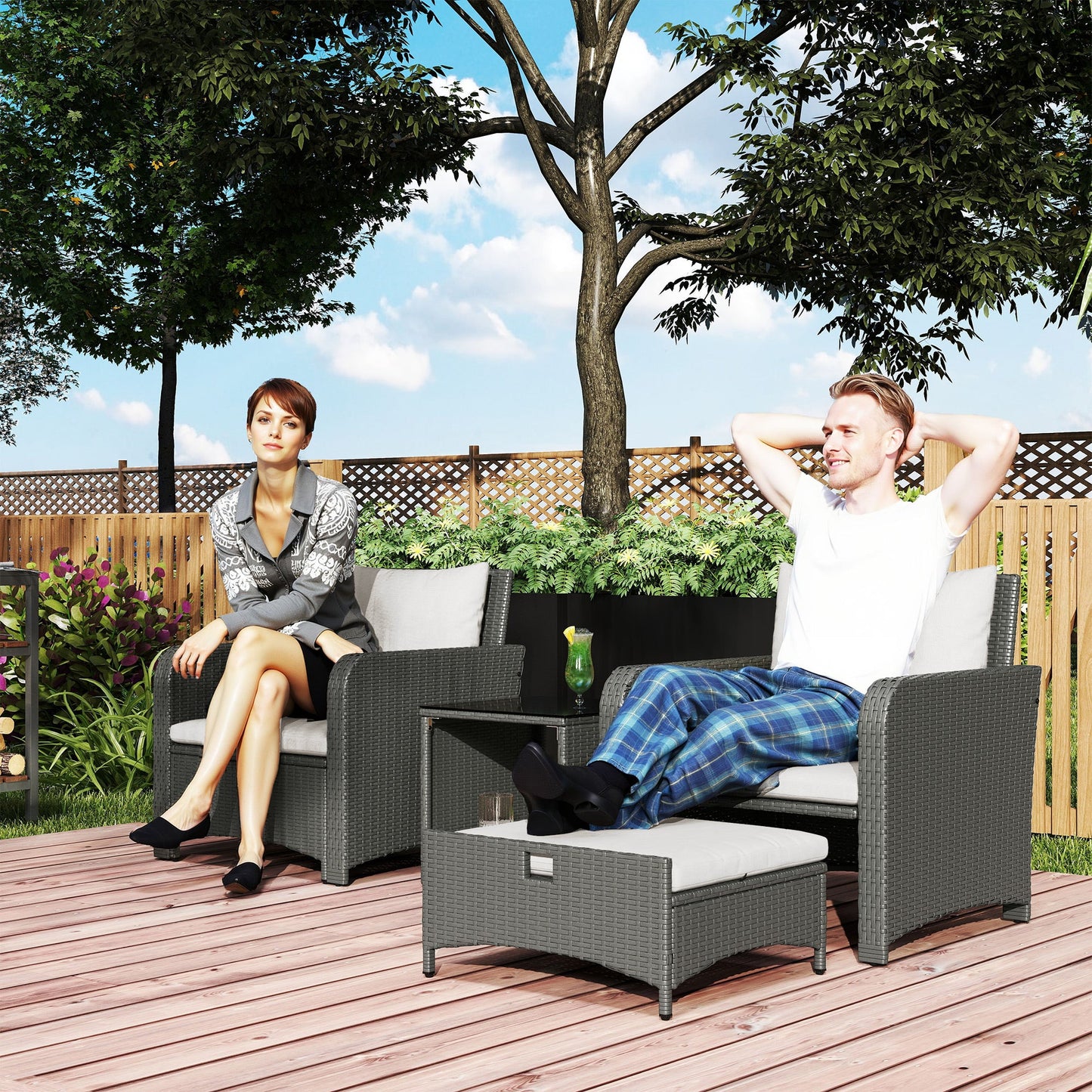 5 Piece Rattan Garden Furniture Set, Wicker Patio Conversation Set with 2 Chairs, 2-Tier Coffee Table, 2 Ottomans and Thick Cushions for Outdoor, Balcony, Bistro, Porch, Cream White
