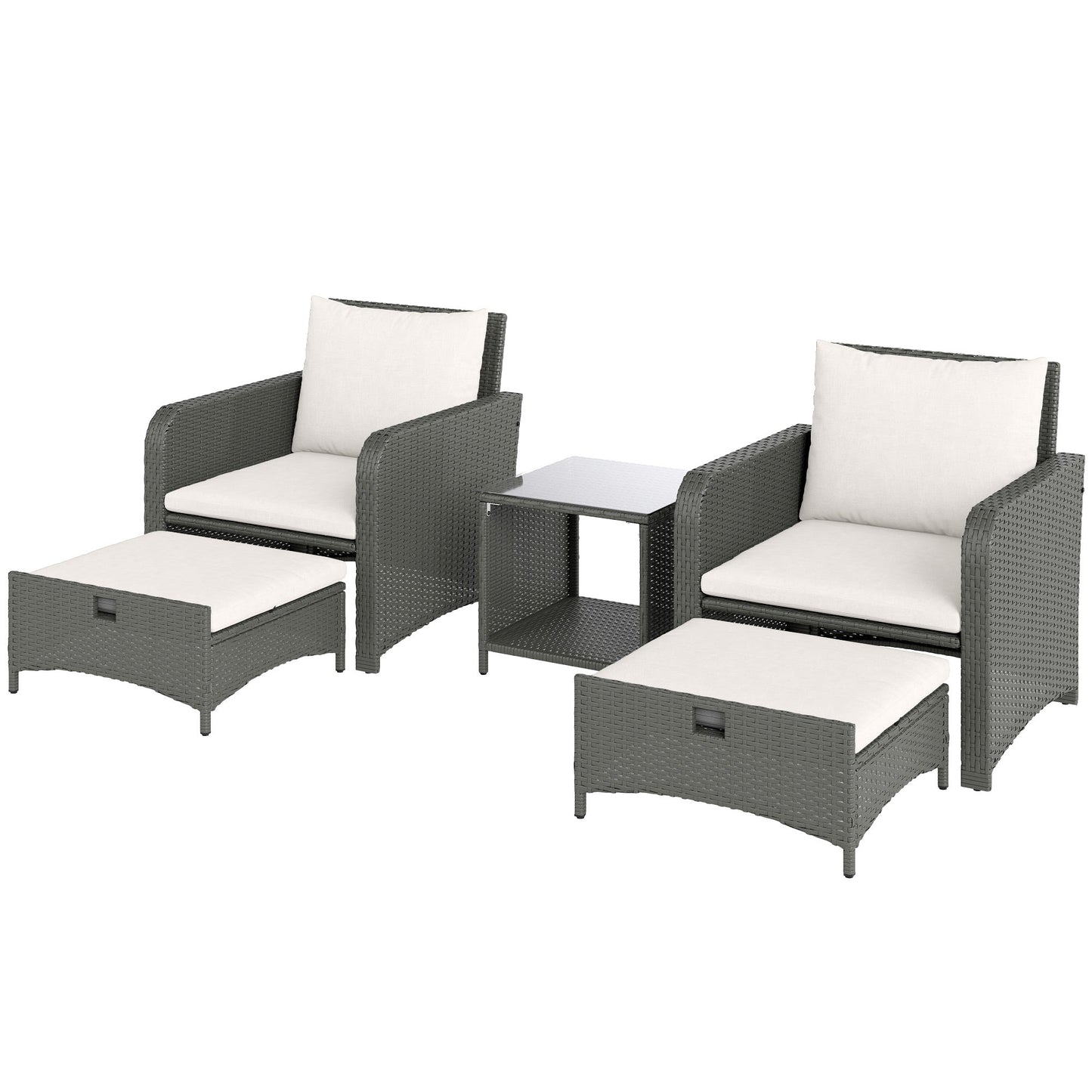 5 Piece Rattan Garden Furniture Set, Wicker Patio Conversation Set with 2 Chairs, 2-Tier Coffee Table, 2 Ottomans and Thick Cushions for Outdoor, Balcony, Bistro, Porch, Cream White
