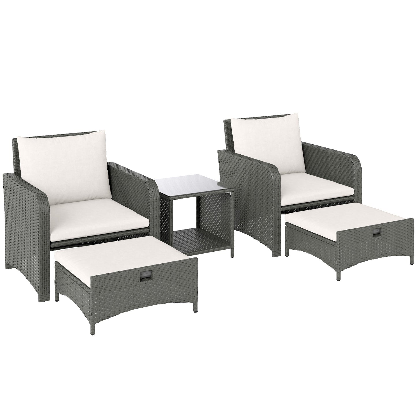 5 Piece Rattan Garden Furniture Set, Wicker Patio Conversation Set with 2 Chairs, 2-Tier Coffee Table, 2 Ottomans and Thick Cushions for Outdoor, Balcony, Bistro, Porch, Cream White