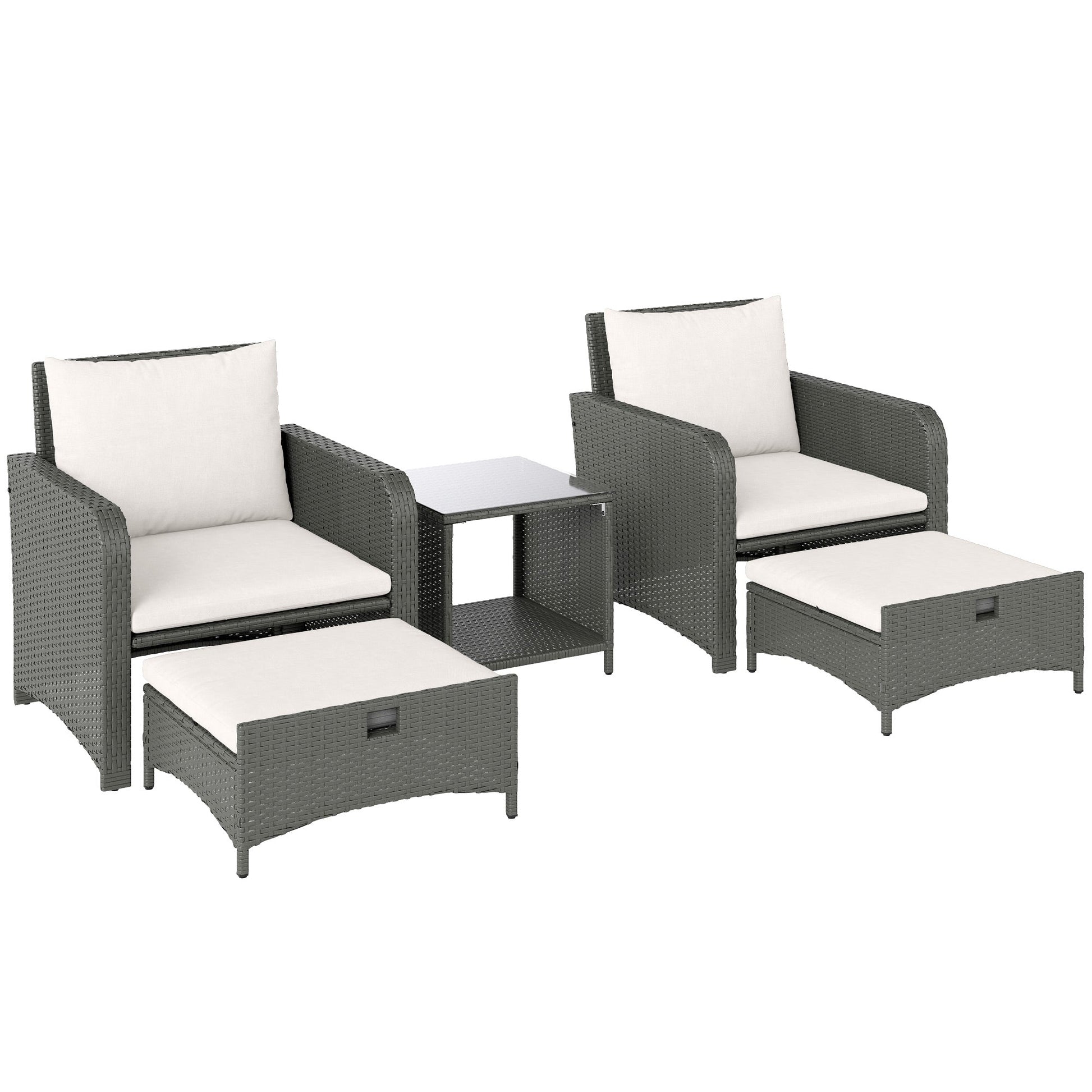 5 Piece Rattan Garden Furniture Set, Wicker Patio Conversation Set with 2 Chairs, 2-Tier Coffee Table, 2 Ottomans and Thick Cushions for Outdoor, Balcony, Bistro, Porch, Cream White