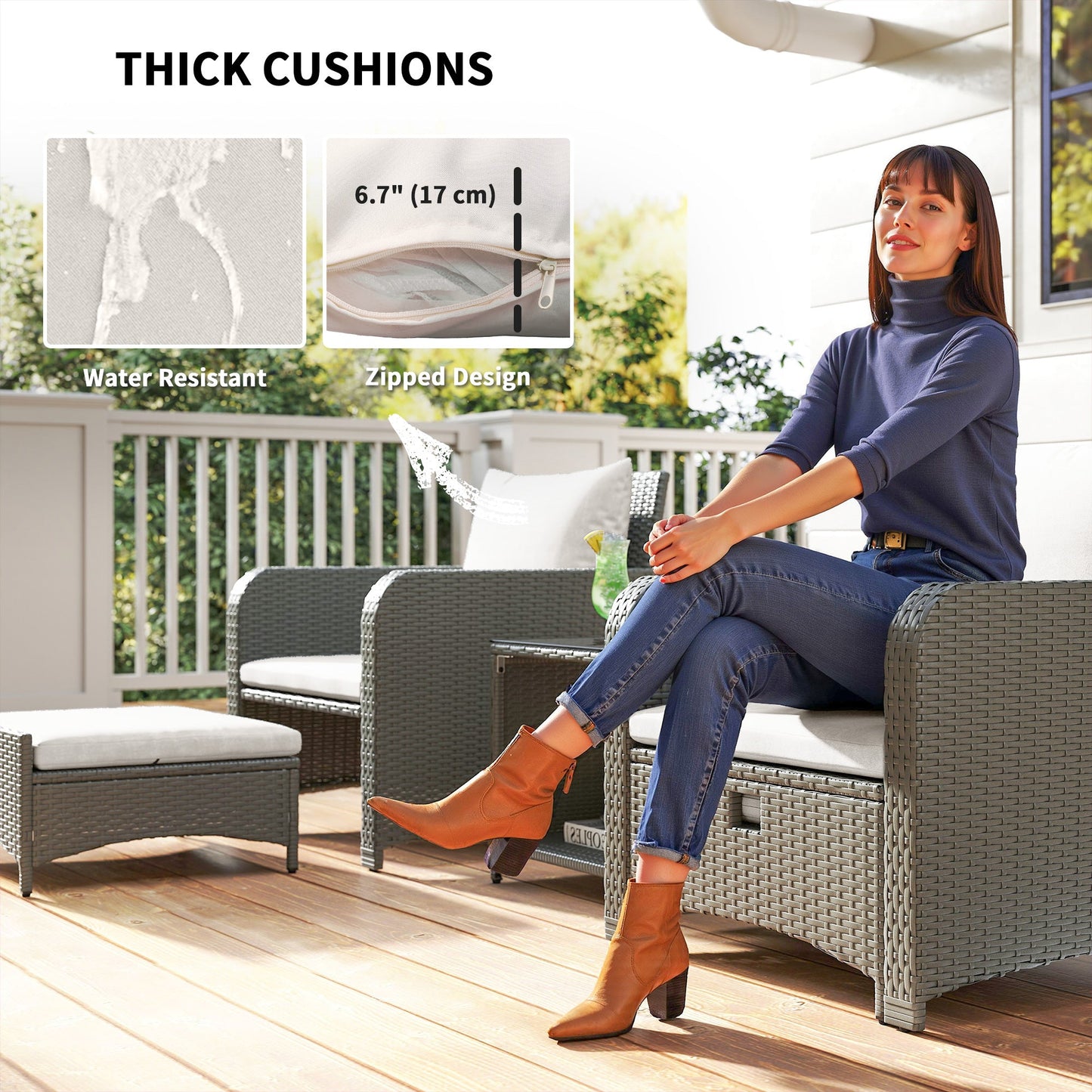 5 Piece Rattan Garden Furniture Set, Wicker Patio Conversation Set with 2 Chairs, 2-Tier Coffee Table, 2 Ottomans and Thick Cushions for Outdoor, Balcony, Bistro, Porch, Cream White