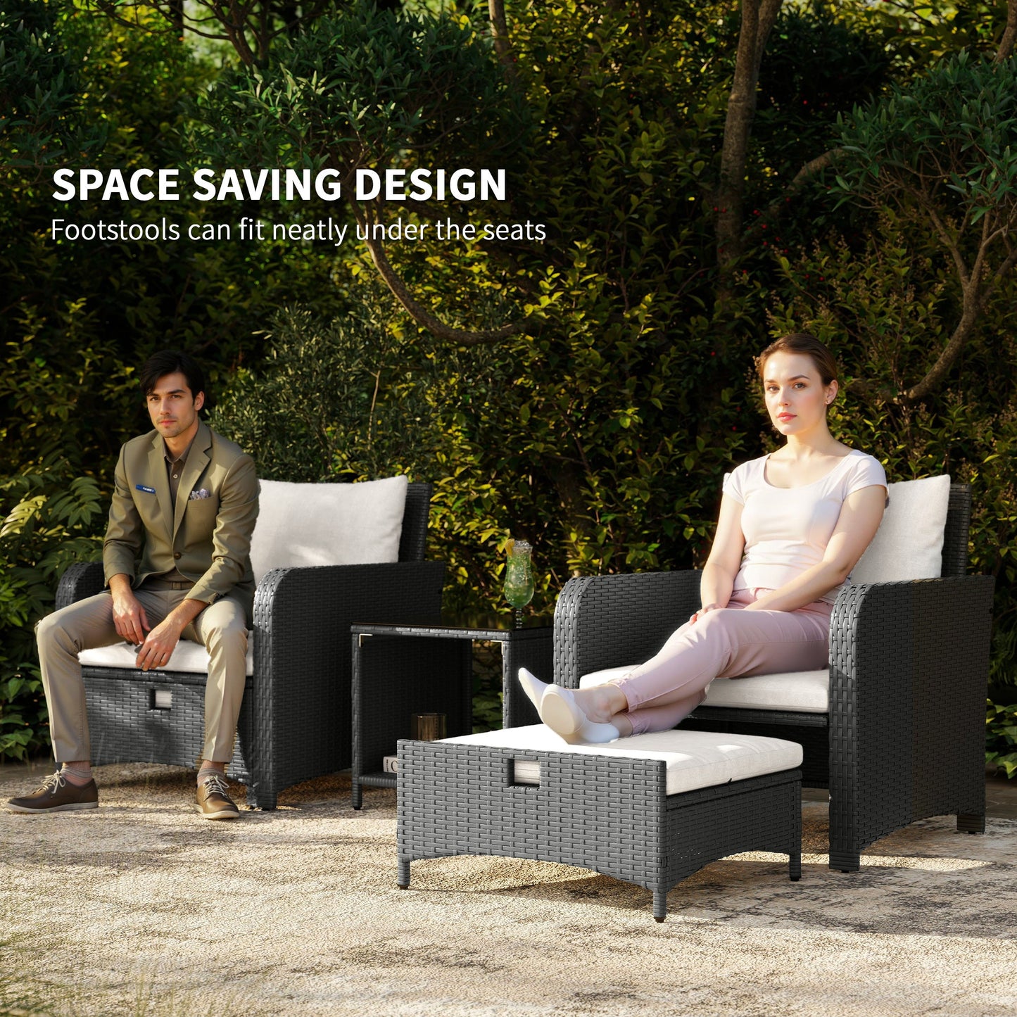 5 Piece Rattan Garden Furniture Set, Wicker Patio Conversation Set with 2 Chairs, 2-Tier Coffee Table, 2 Ottomans and Thick Cushions for Outdoor, Balcony, Bistro, Porch, Cream White