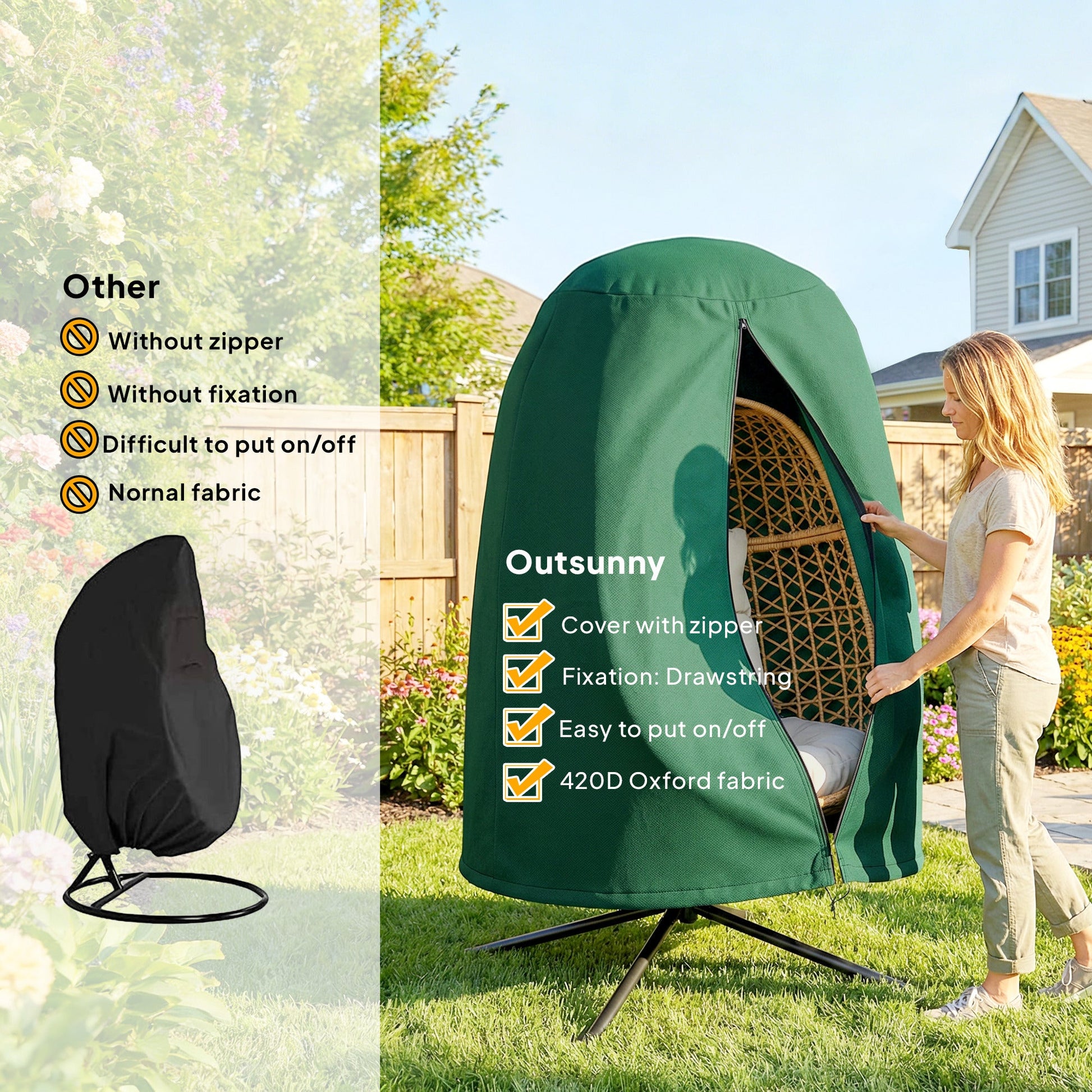 Hanging Egg Chair Cover, Outdoor Single Swing Chair Cover, Waterproof Anti-dust Furniture Protector with Zipper, 420D Oxford Fabric for Φ128 x 190H cm Stand, Green