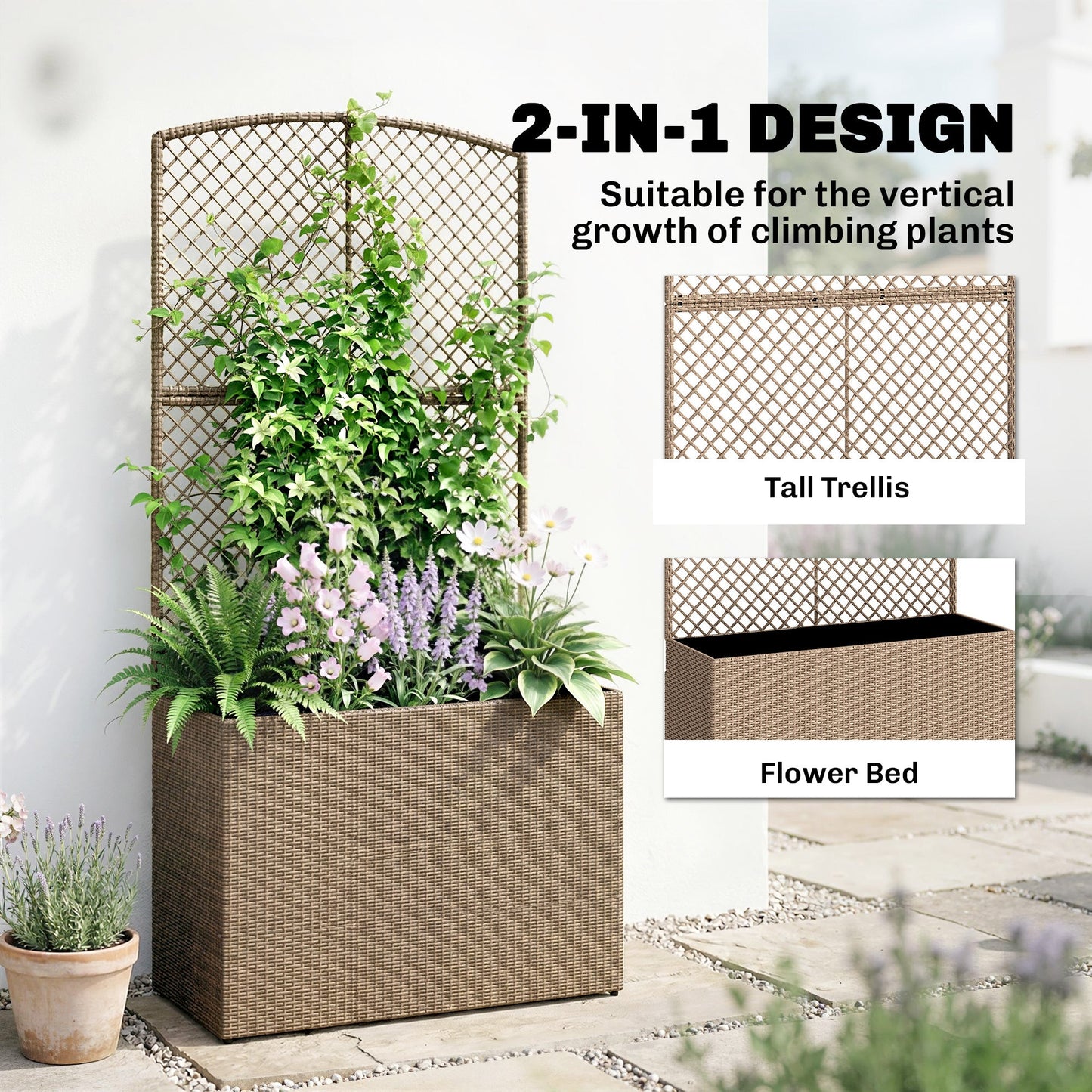 Garden Planter with Trellis, Rattan Raised Beds for Garden with Liner, Freestanding Outdoor Planter Box for Climbing Plants, Herbs, Vegetables, Flowers, 80 x 30 x 163 cm, Light Grey
