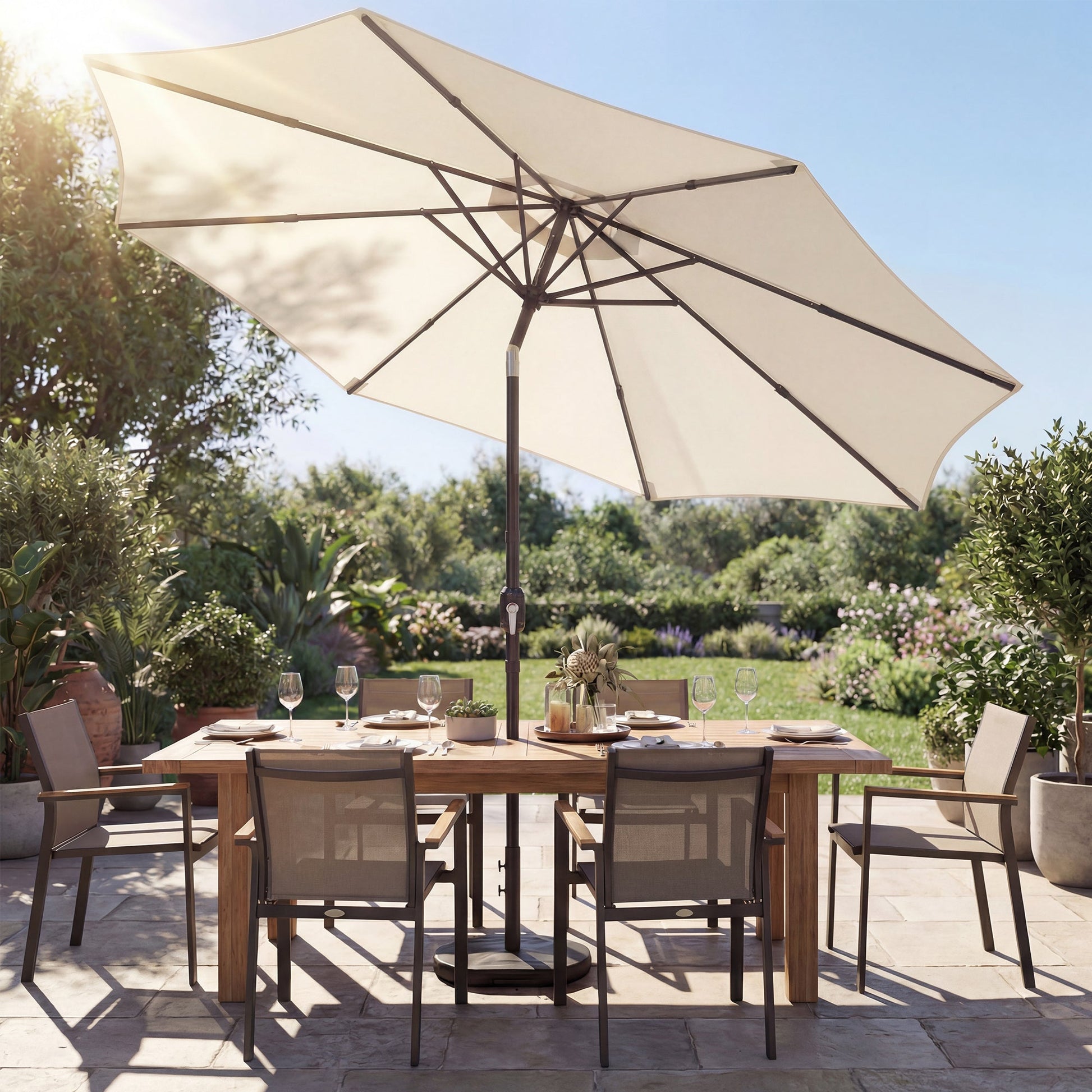 2.7 m Garden Parasol Umbrella with Cross Base and Sandbag, Retractable Ribs, Outdoor Table Market Patio Umbrella Sun Shade with 30 Degree Tilt and Crank, Vent, Cream White