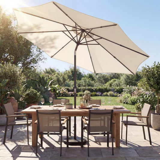 2.7 m Garden Parasol Umbrella with Cross Base and Sandbag, Retractable Ribs, Outdoor Table Market Patio Umbrella Sun Shade with 30 Degree Tilt and Crank, Vent, Cream White