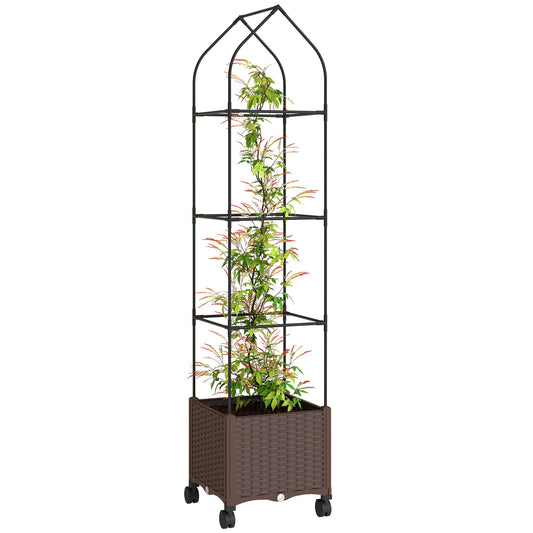 Raised Garden Bed with Trellis, Tomato Cage with Lockable Wheels, Self Watering Planter Box with Drainage Holes and Plugs for Outdoor Patio Climbing Plants, Vines, Vegetables, Flowers, Brown