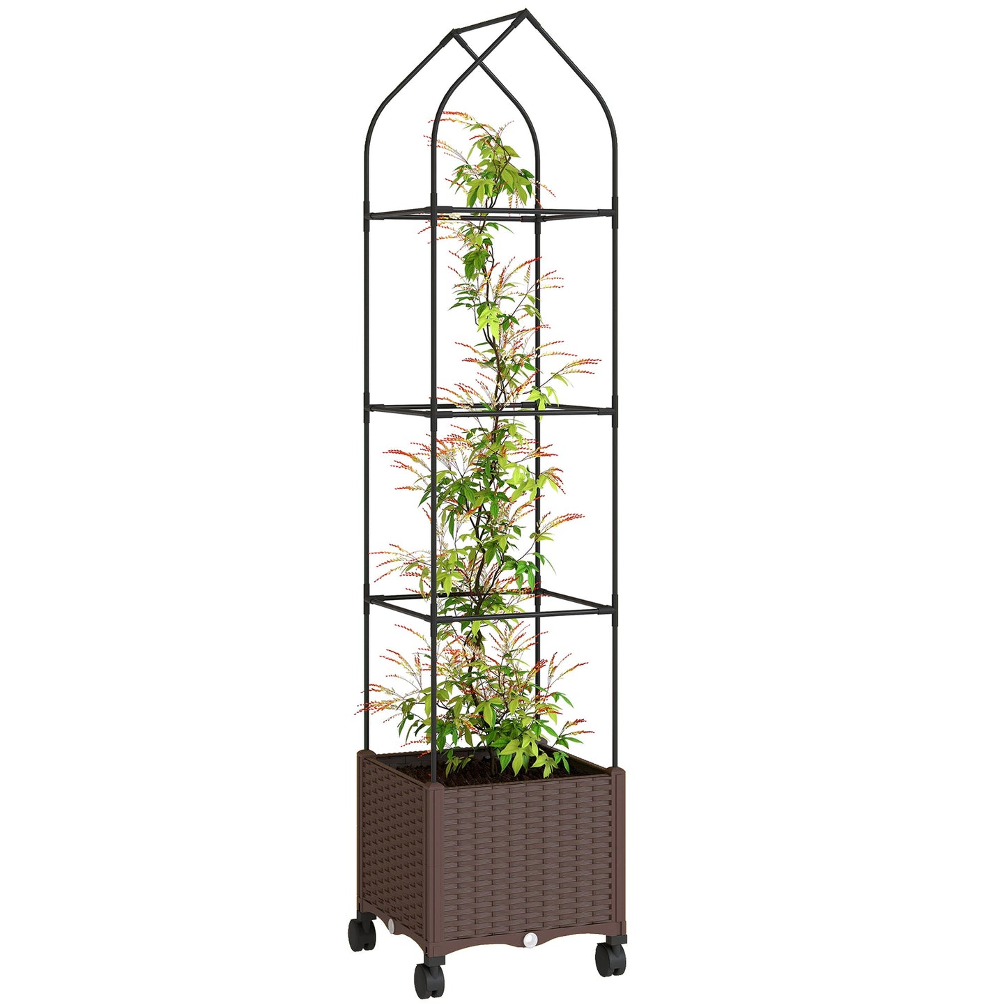 Raised Garden Bed with Trellis, Tomato Cage with Lockable Wheels, Self Watering Planter Box with Drainage Holes and Plugs for Outdoor Patio Climbing Plants, Vines, Vegetables, Flowers, Brown