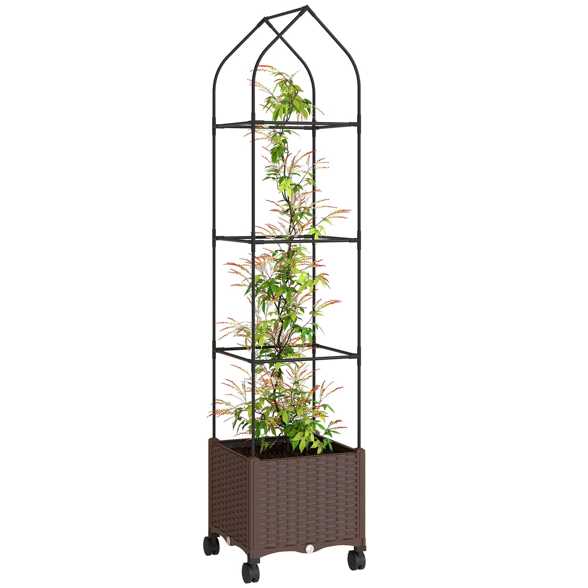 Raised Garden Bed with Trellis, Tomato Cage with Lockable Wheels, Self Watering Planter Box with Drainage Holes and Plugs for Outdoor Patio Climbing Plants, Vines, Vegetables, Flowers, Brown