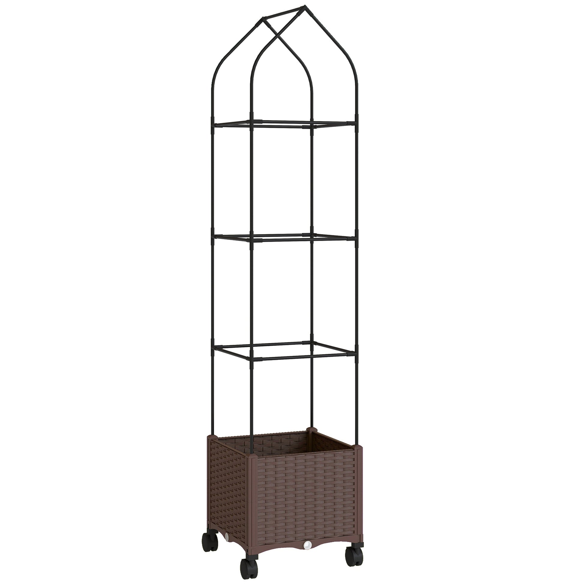 Raised Garden Bed with Trellis, Tomato Cage with Lockable Wheels, Self Watering Planter Box with Drainage Holes and Plugs for Outdoor Patio Climbing Plants, Vines, Vegetables, Flowers, Brown