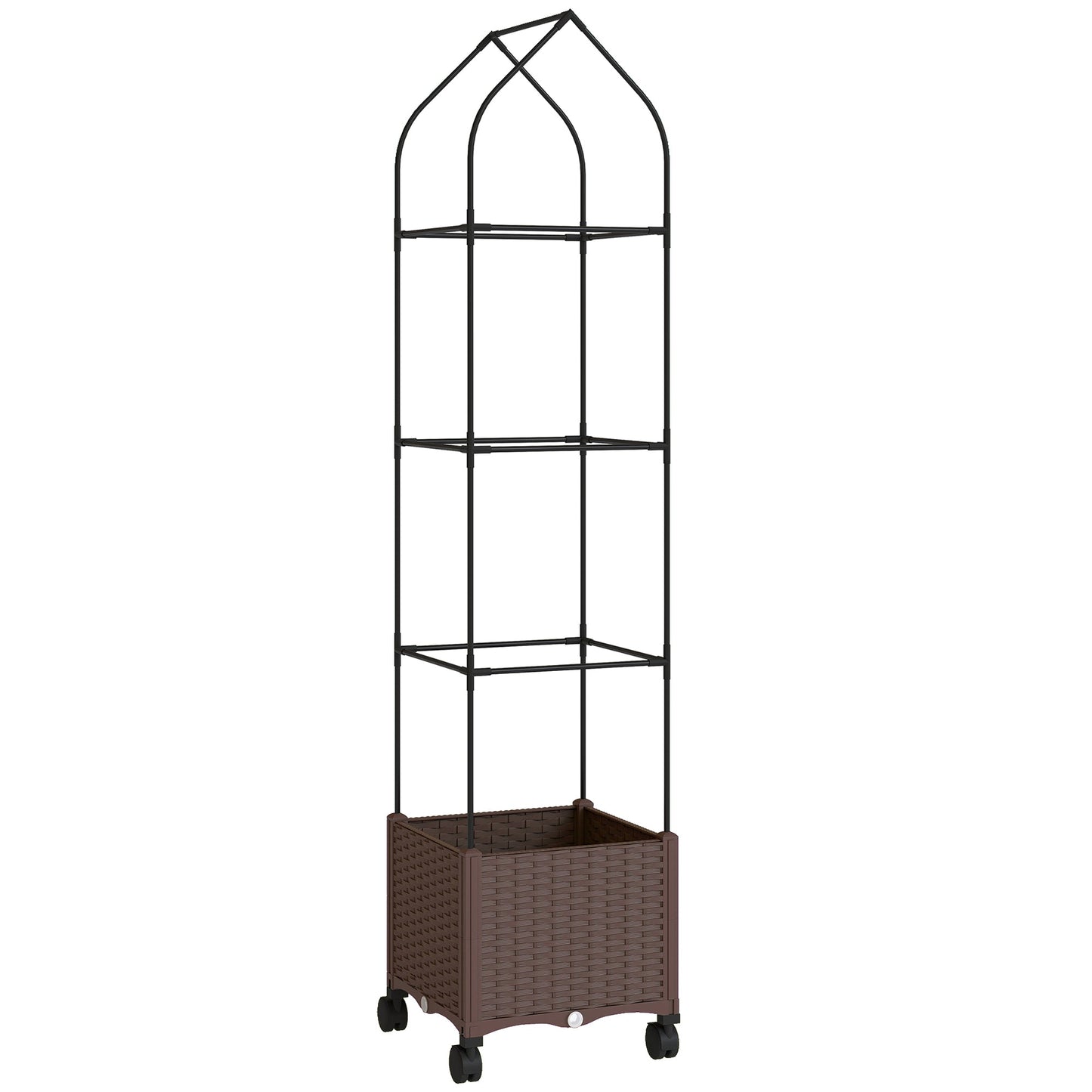Raised Garden Bed with Trellis, Tomato Cage with Lockable Wheels, Self Watering Planter Box with Drainage Holes and Plugs for Outdoor Patio Climbing Plants, Vines, Vegetables, Flowers, Brown