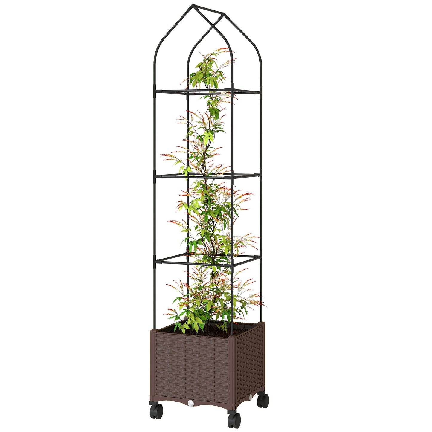 Raised Garden Bed with Trellis, Tomato Cage with Lockable Wheels, Self Watering Planter Box with Drainage Holes and Plugs for Outdoor Patio Climbing Plants, Vines, Vegetables, Flowers, Brown
