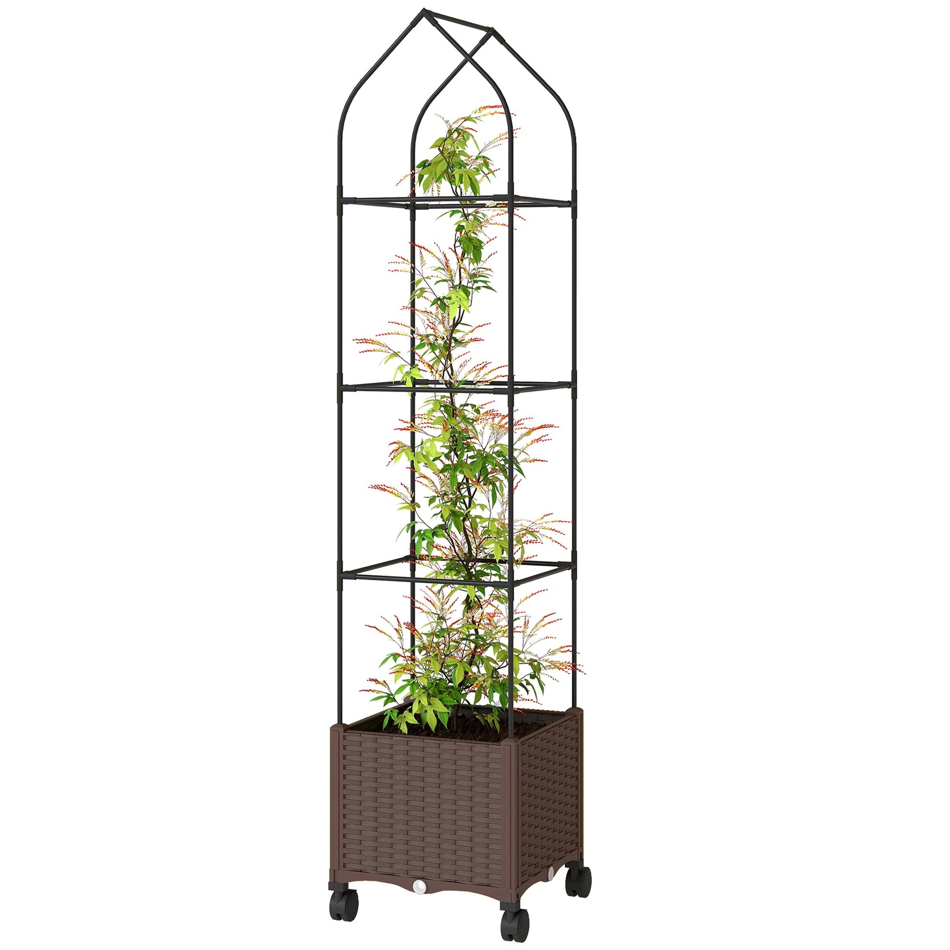 Raised Garden Bed with Trellis, Tomato Cage with Lockable Wheels, Self Watering Planter Box with Drainage Holes and Plugs for Outdoor Patio Climbing Plants, Vines, Vegetables, Flowers, Brown