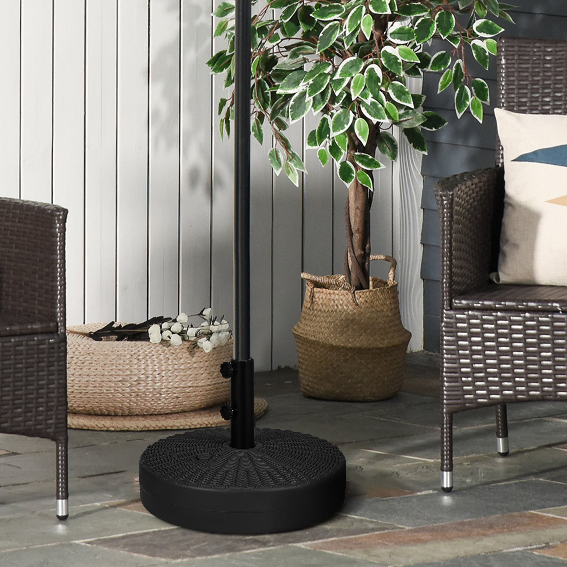 Garden Parasol Base with Rattan Effect, 22kg Water or 29kg Sand Filled, Heavy Duty HDPE Umbrella Stand, Fillable Parasol Stand for 38mm, 48mm Poles, Black