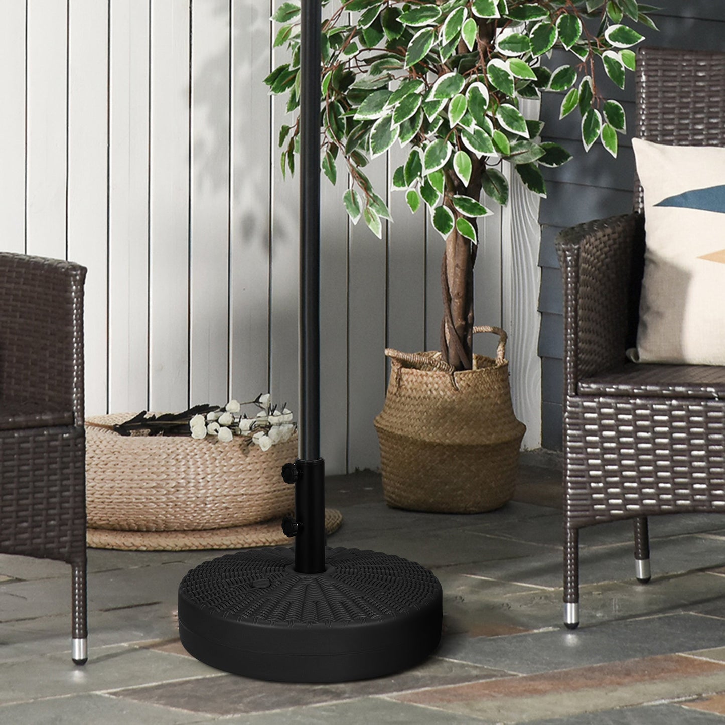 Garden Parasol Base with Rattan Effect, 22kg Water or 29kg Sand Filled, Heavy Duty HDPE Umbrella Stand, Fillable Parasol Stand for 38mm, 48mm Poles, Black