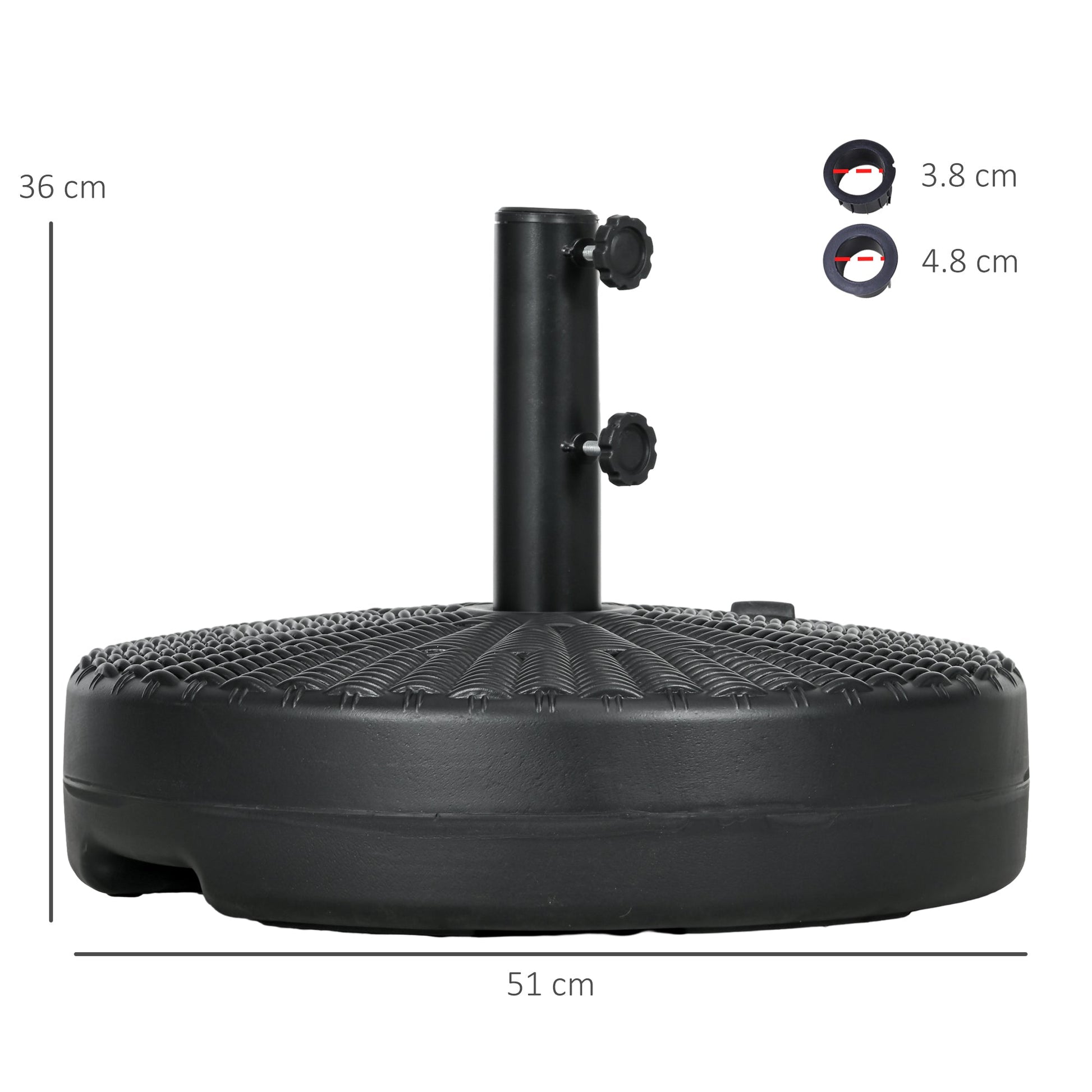 Garden Parasol Base with Rattan Effect, 22kg Water or 29kg Sand Filled, Heavy Duty HDPE Umbrella Stand, Fillable Parasol Stand for 38mm, 48mm Poles, Black