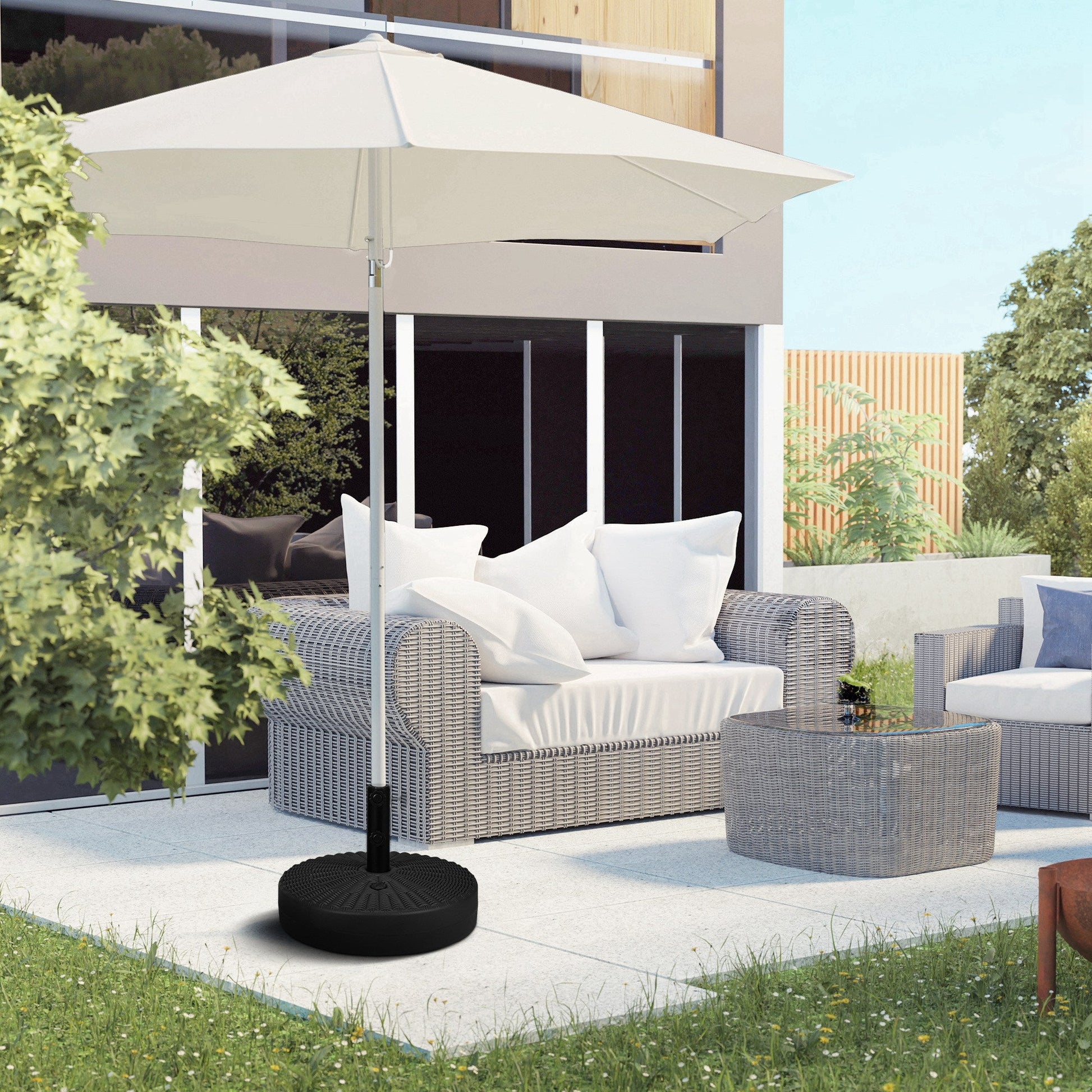 Garden Parasol Base with Rattan Effect, 22kg Water or 29kg Sand Filled, Heavy Duty HDPE Umbrella Stand, Fillable Parasol Stand for 38mm, 48mm Poles, Black