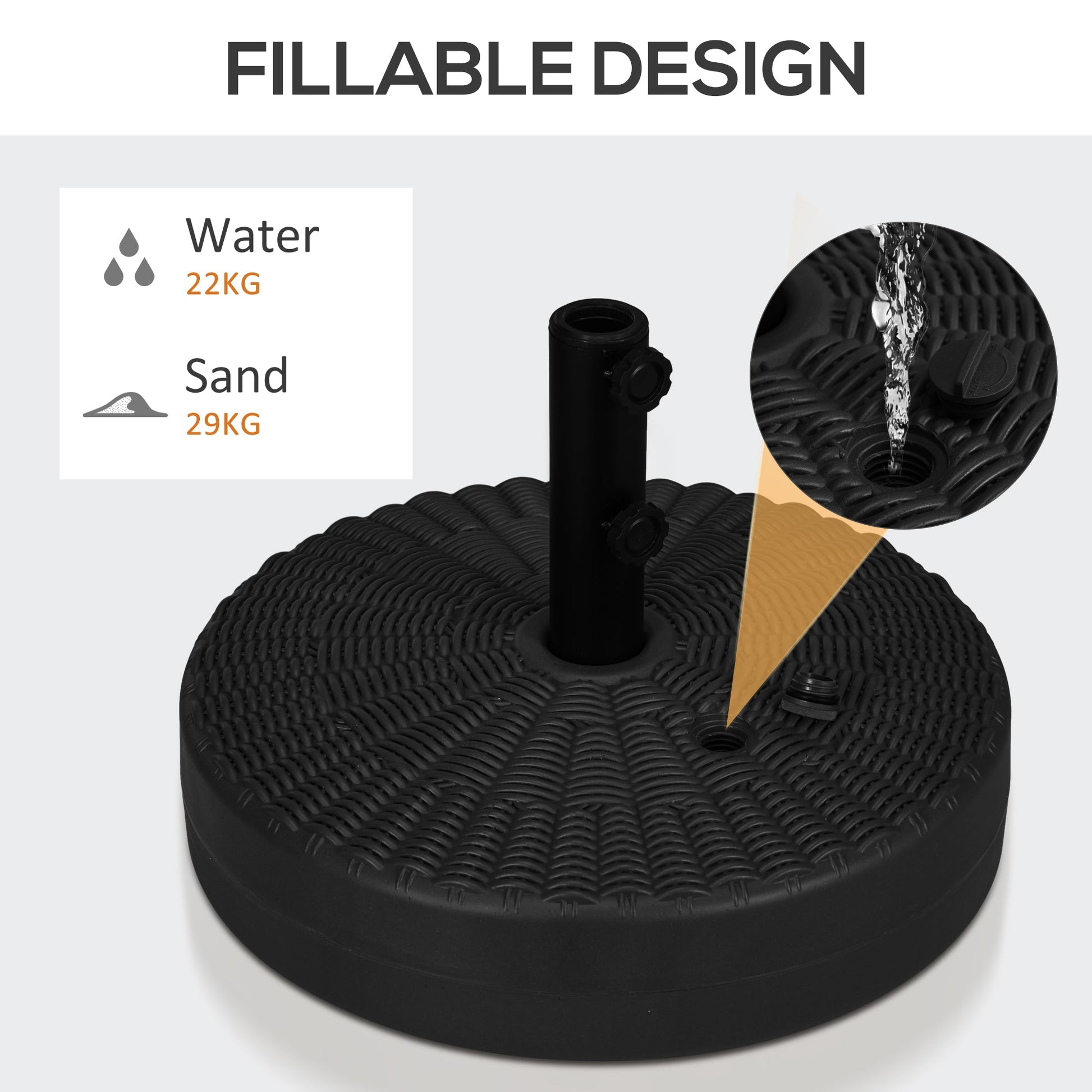 Garden Parasol Base with Rattan Effect, 22kg Water or 29kg Sand Filled, Heavy Duty HDPE Umbrella Stand, Fillable Parasol Stand for 38mm, 48mm Poles, Black