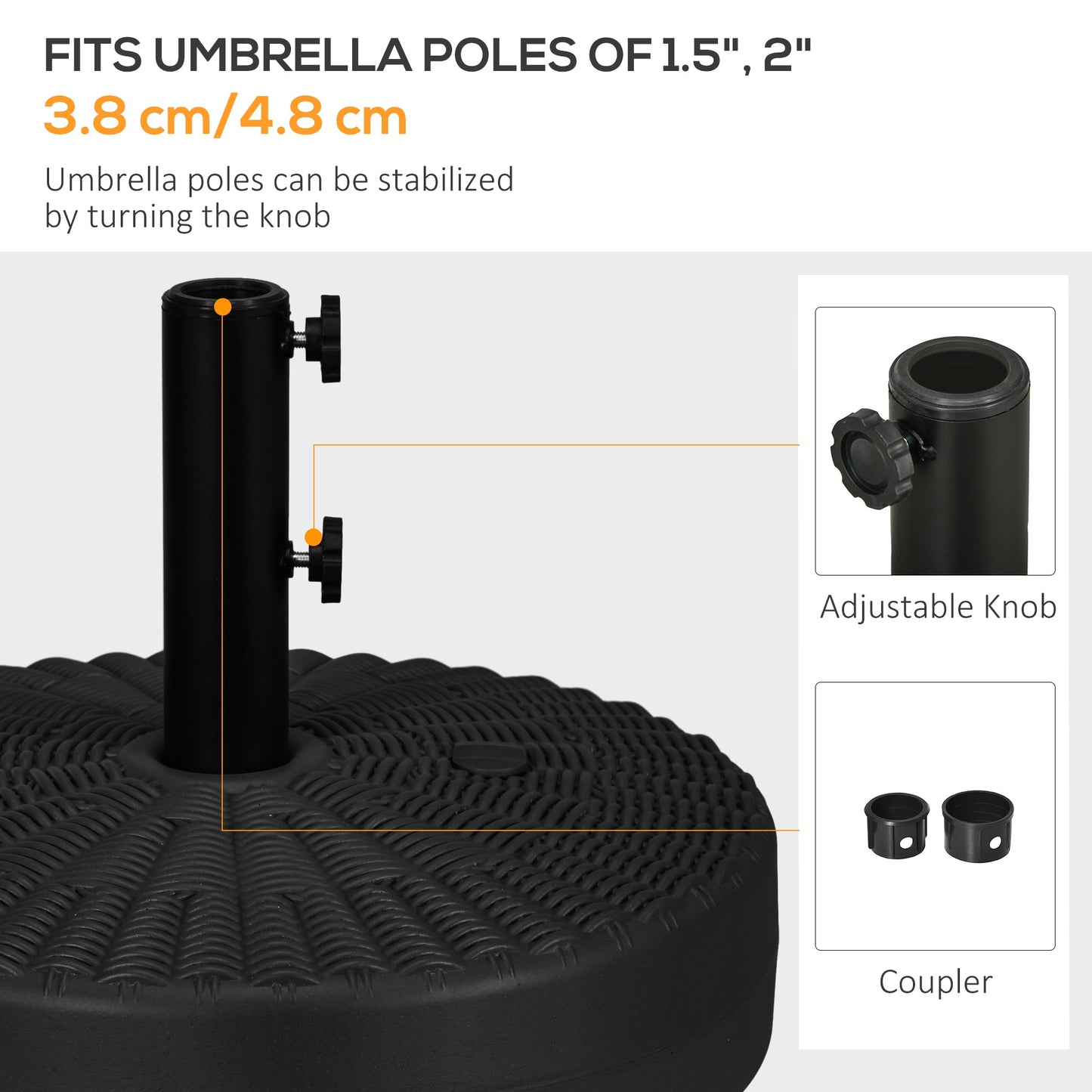 Garden Parasol Base with Rattan Effect, 22kg Water or 29kg Sand Filled, Heavy Duty HDPE Umbrella Stand, Fillable Parasol Stand for 38mm, 48mm Poles, Black