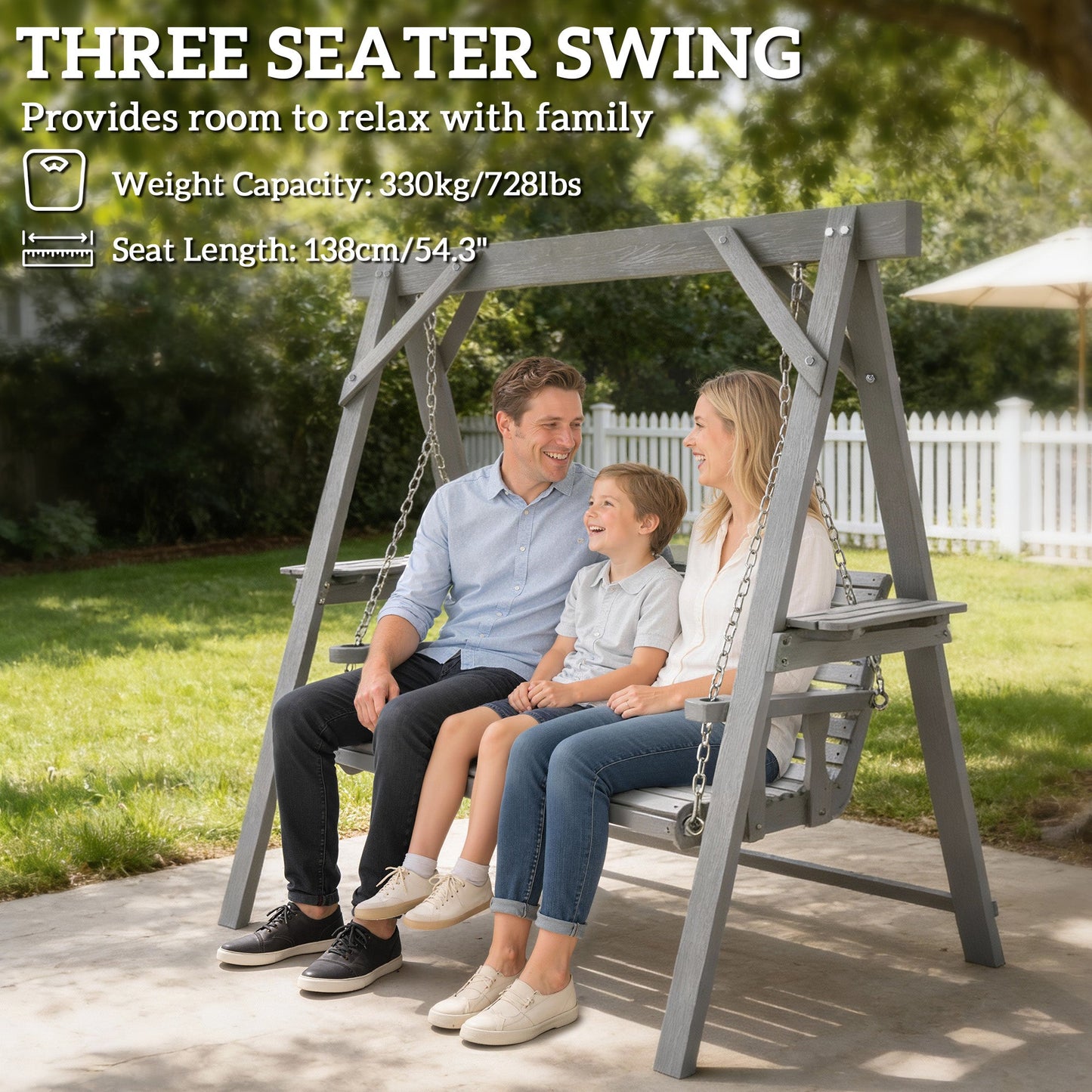 3 Seater Garden Swing Seat, Wooden Swing Chair Bench with Side Tables and Metal Chains, for Outdoor Porch Patio, Dark Grey