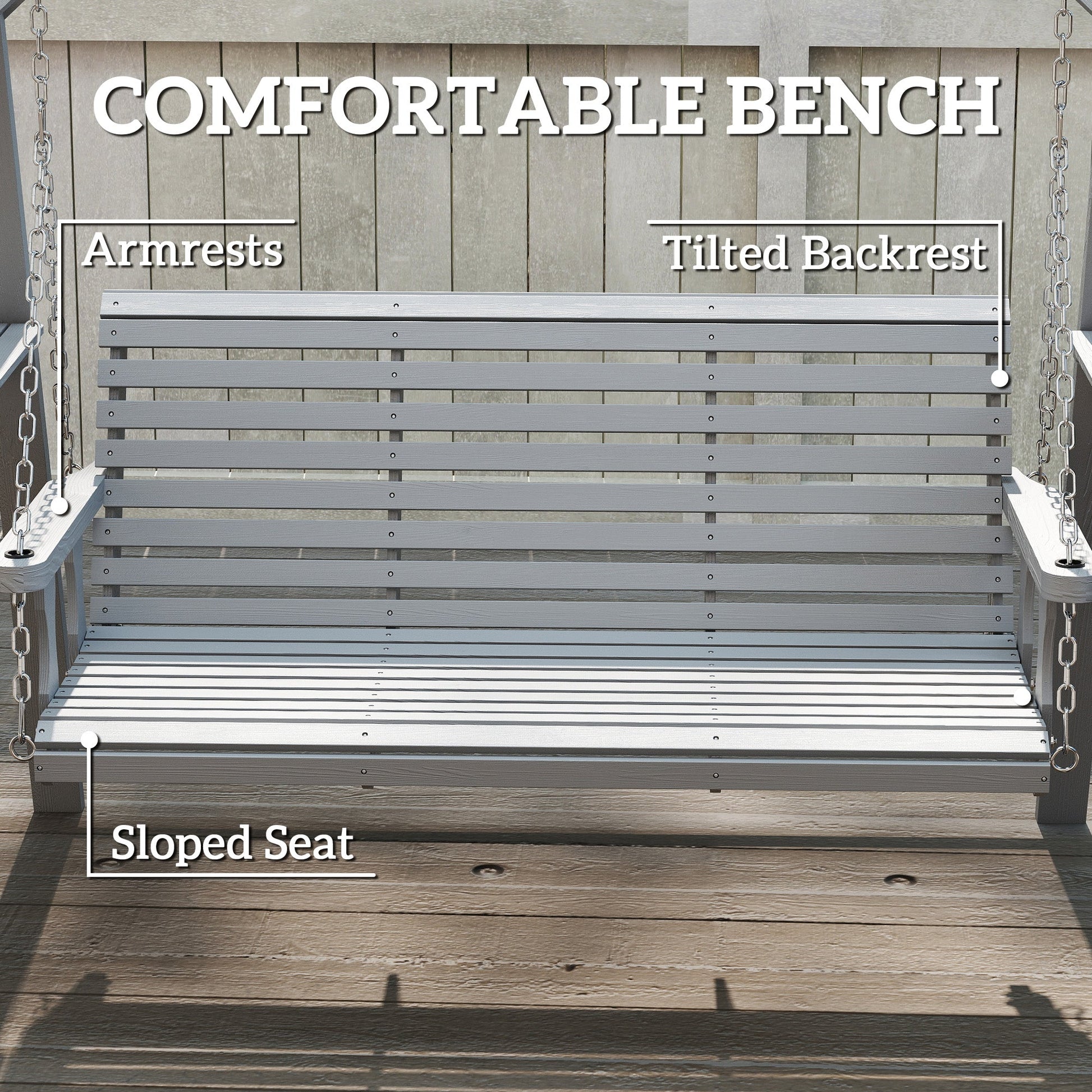 3 Seater Garden Swing Seat, Wooden Swing Chair Bench with Side Tables and Metal Chains, for Outdoor Porch Patio, Dark Grey