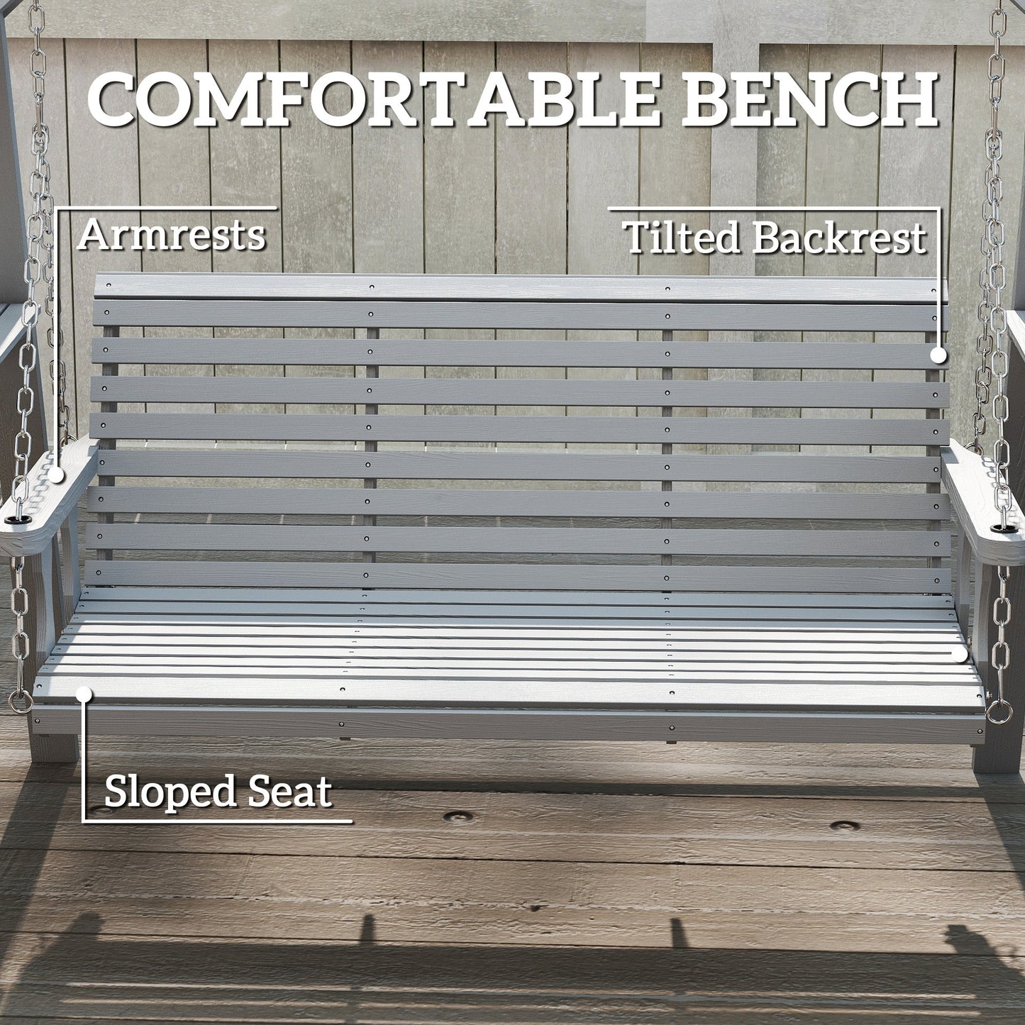 3 Seater Garden Swing Seat, Wooden Swing Chair Bench with Side Tables and Metal Chains, for Outdoor Porch Patio, Dark Grey