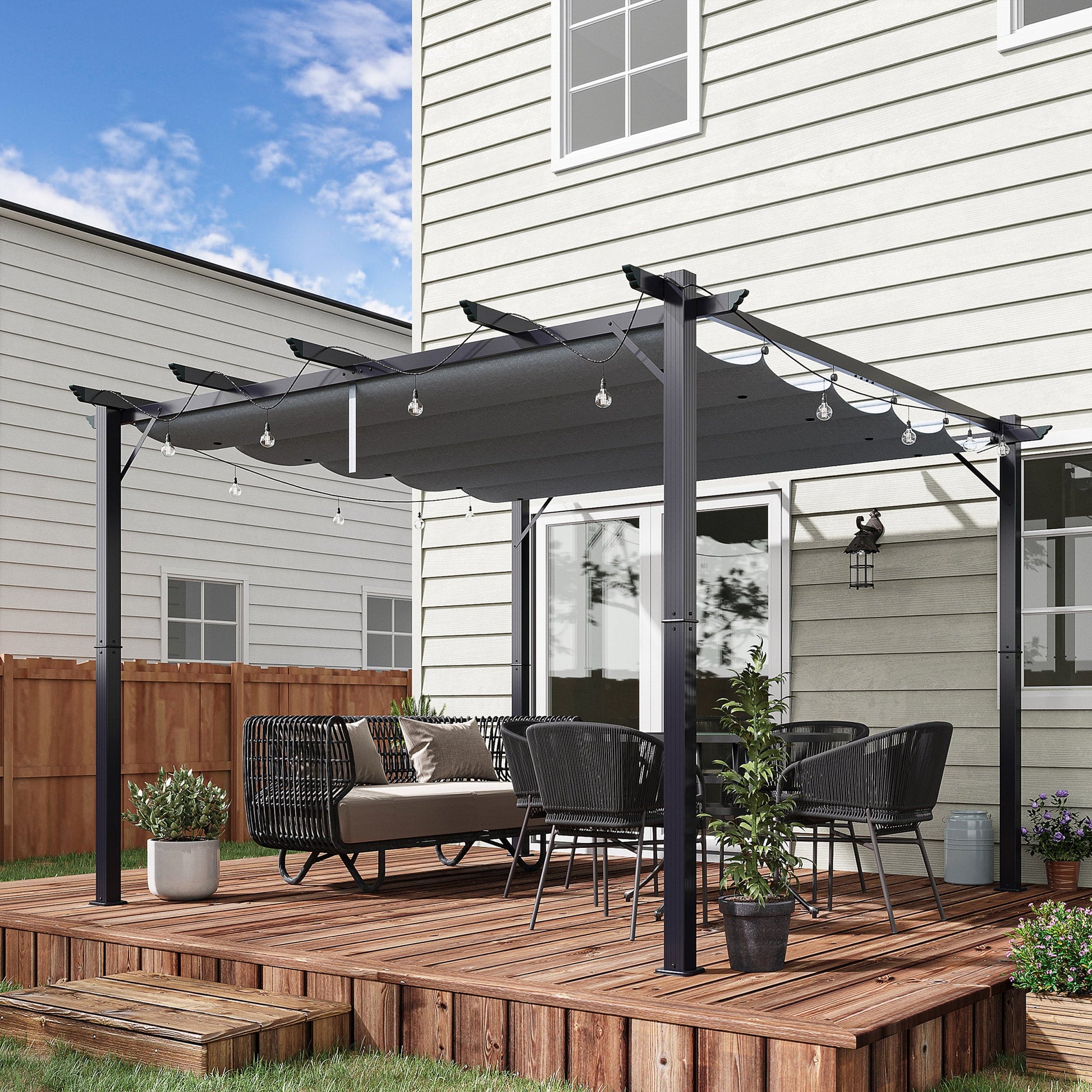 3 x 3(m) Pergola with Retractable Roof Canopy, Aluminium Frame Garden Gazebo Outdoor Sun Shade Shelter for Grill, Patio, Dark Grey