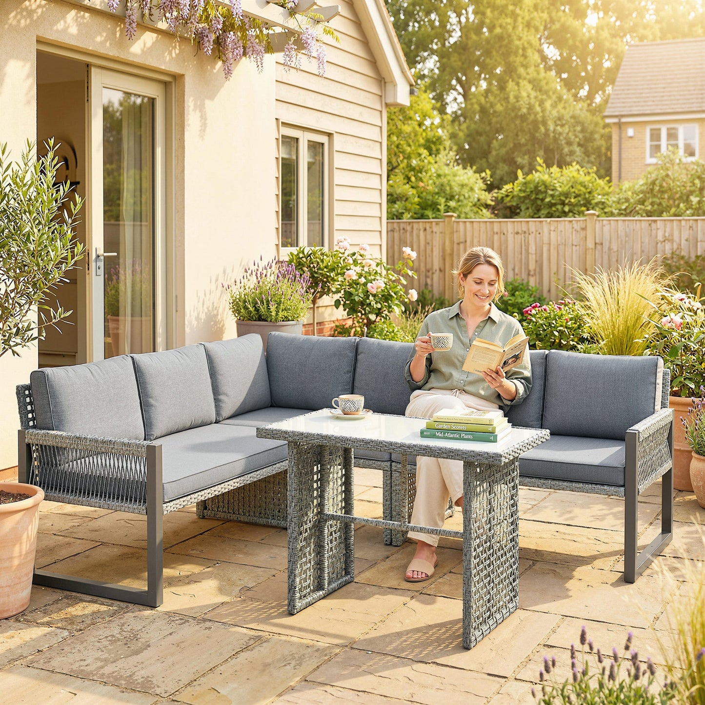 6 Seater Rattan Garden Furniture Set with 3 Loveseats, Glass-Top Table, 4 Piece Outdoor Dining Patio Rattan Furniture Corner Sofa Set with Cushions for Conservatory, Grey