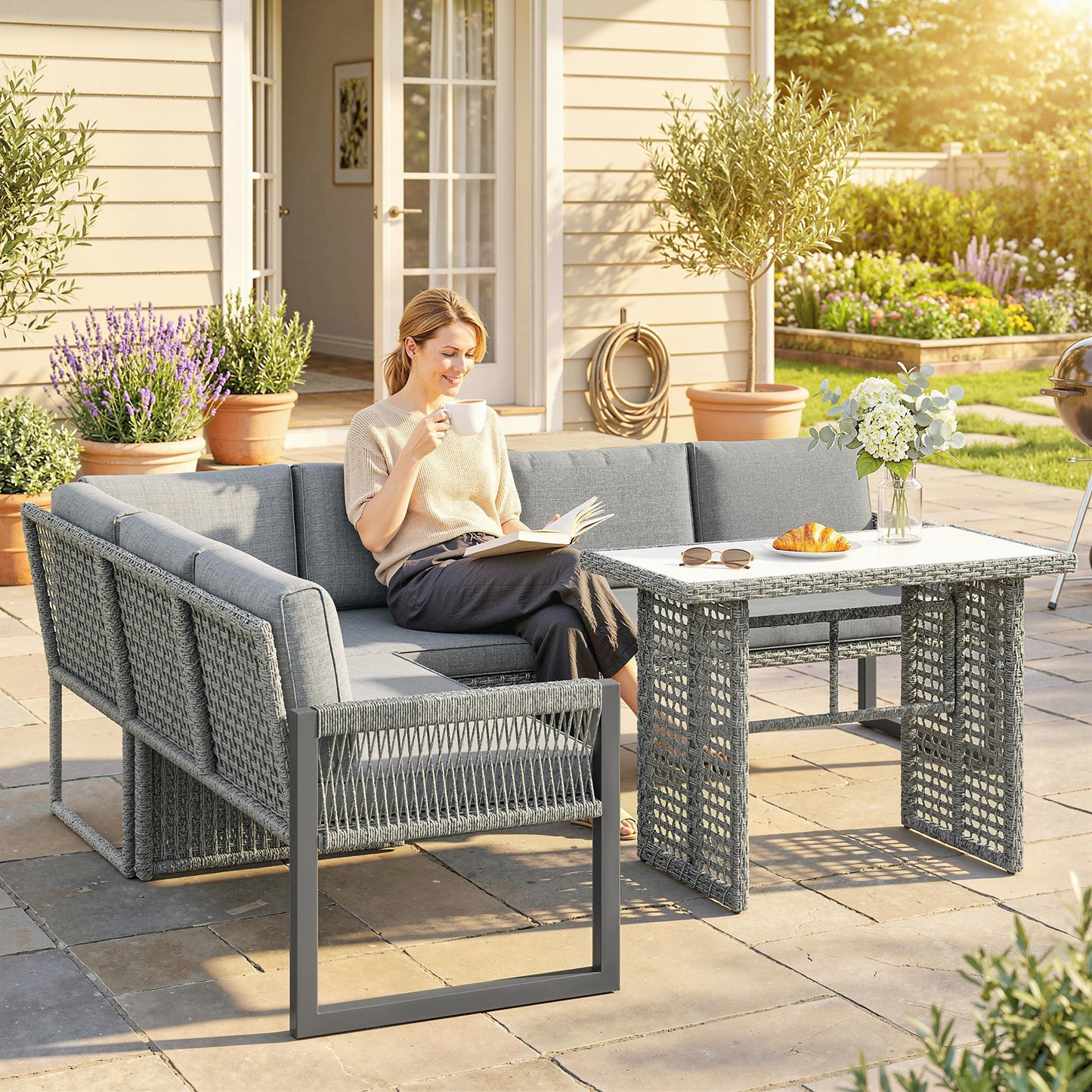 6 Seater Rattan Garden Furniture Set with 3 Loveseats, Glass-Top Table, 4 Piece Outdoor Dining Patio Rattan Furniture Corner Sofa Set with Cushions for Conservatory, Grey