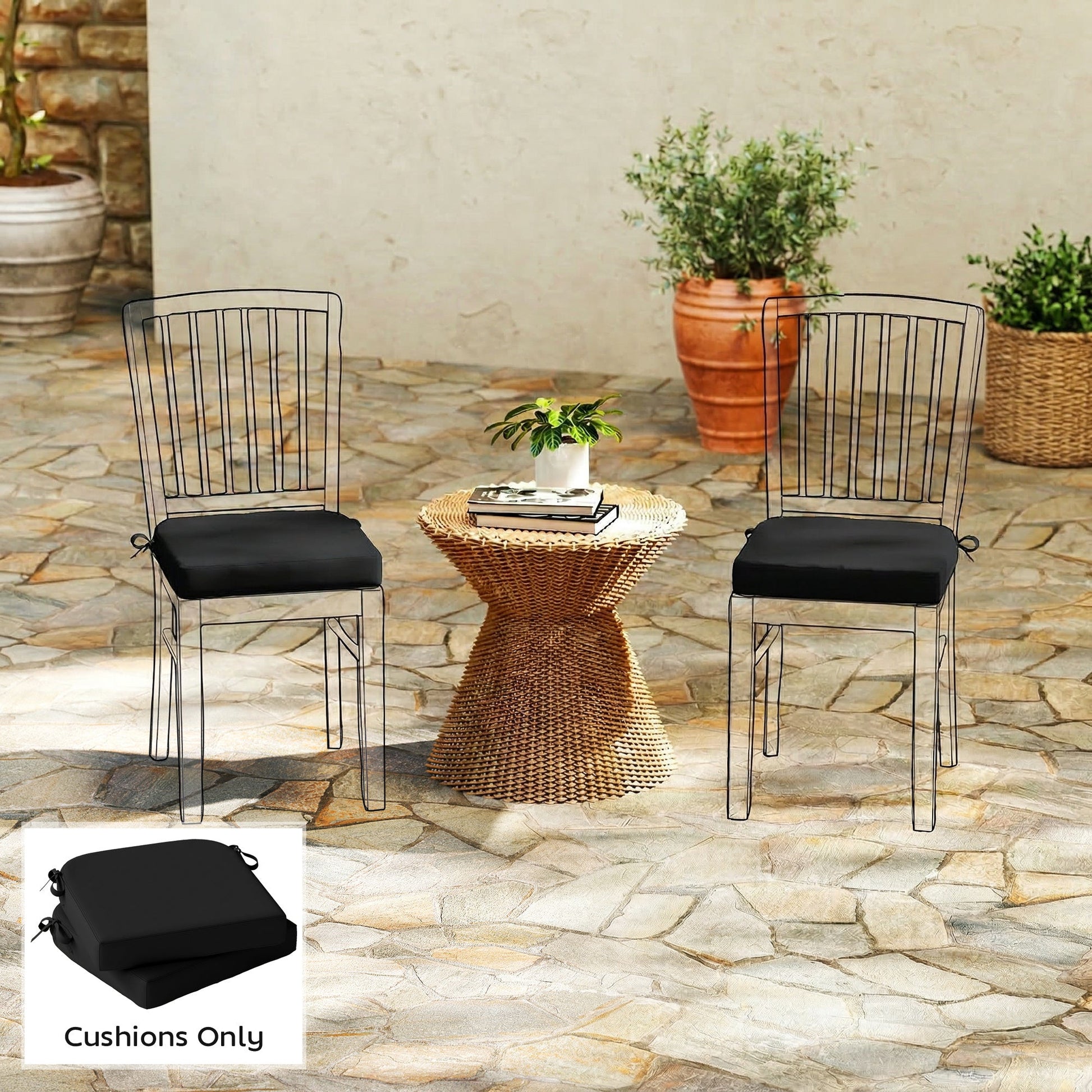 Outdoor Chair Seat Cushions Set of 2, Garden Chair Cushions with 7cm Thick Foam & Ties, Water Repellent and UV Resistant Covers for Patio Furniture 40x40cm, Black